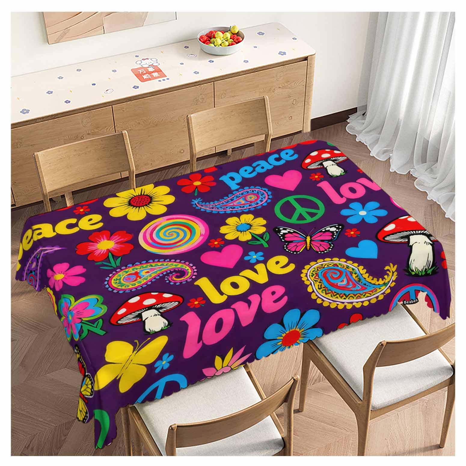 Nappe hippie symbole de paix 137x183 cm rectangulaire fleur cachemire