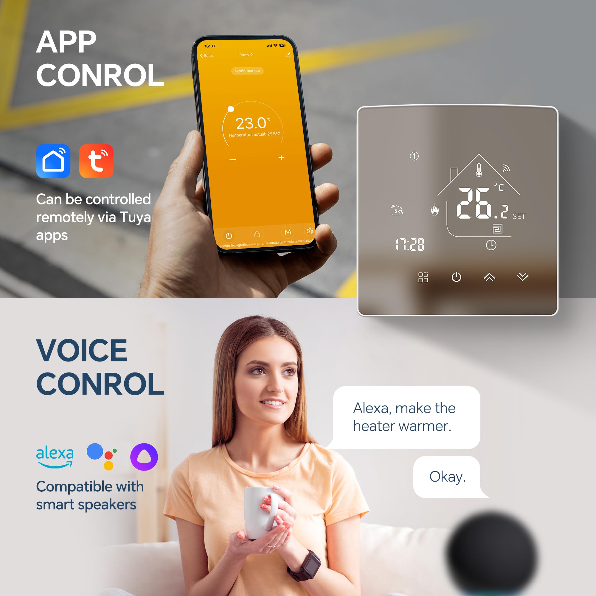 Termostato Programable con WiFi,Termostato Digital Inteligente Inalámbrico de Contacto Seco para Calderas de Calefacción,Termostato de Ambiente Integrado Compatible con Alxe y Google Assistant 85-WPB