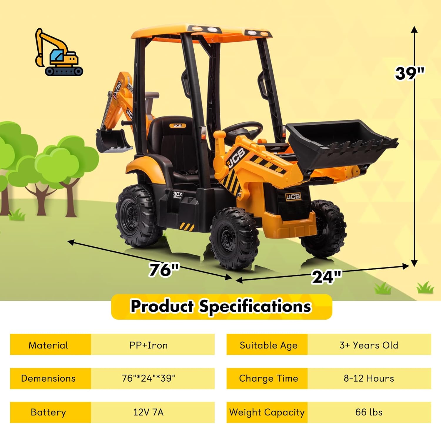 12V JCB Ride on Excavator, Ride on Construction Vehicles with Remote Control, Bulldozer, Digging Arm, Sand Digger and Backhoe Shovel Bucket, Ride On Toys for Kids 4-8,1.5-2.8Mph,Slow Start