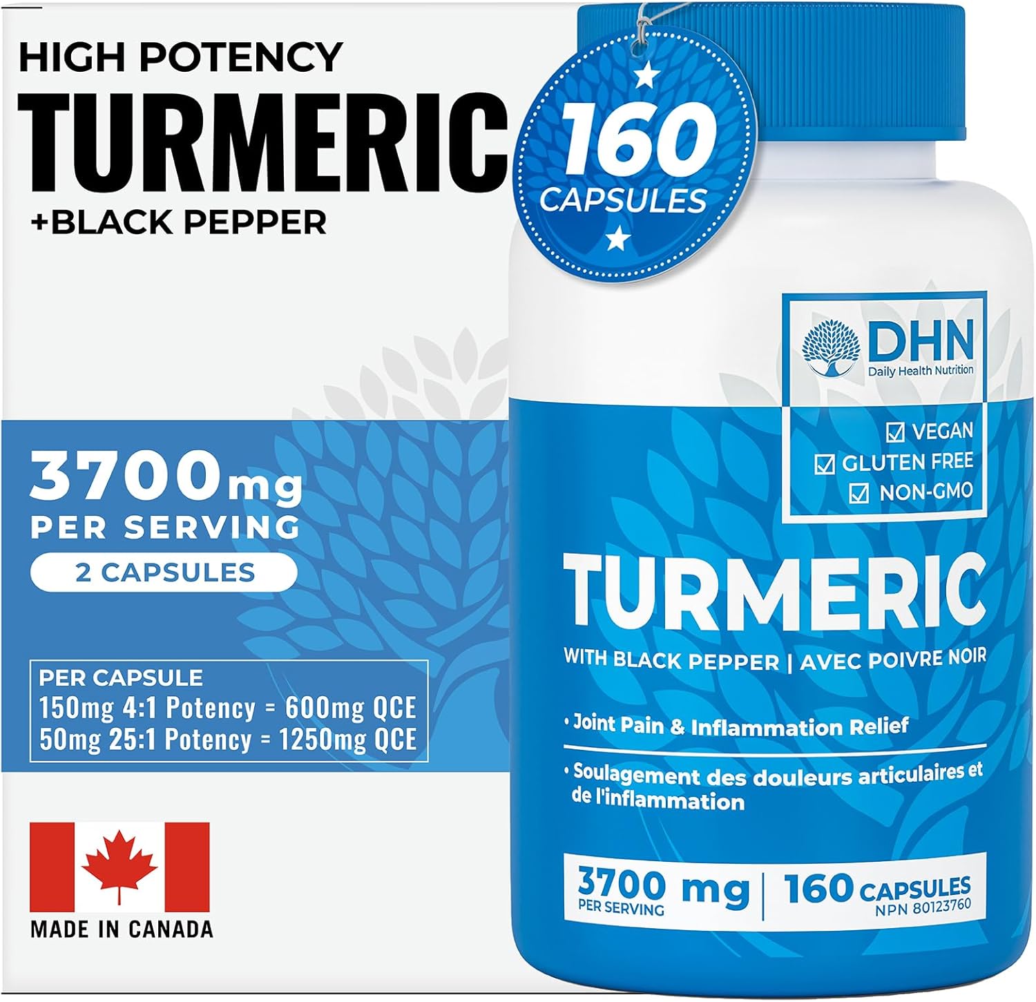 Product image of BONUS 160 CAPS | HIGH POTENCY TURMERIC EXTRACT 150mg (4:1 Potency = 600mg QCE) + 50mg (25:1 Potency = 1250mg QCE) (Equivalent to 1850mg) x 2 Capsules | Anti-Inflammatory Joint Support | Canadian Made