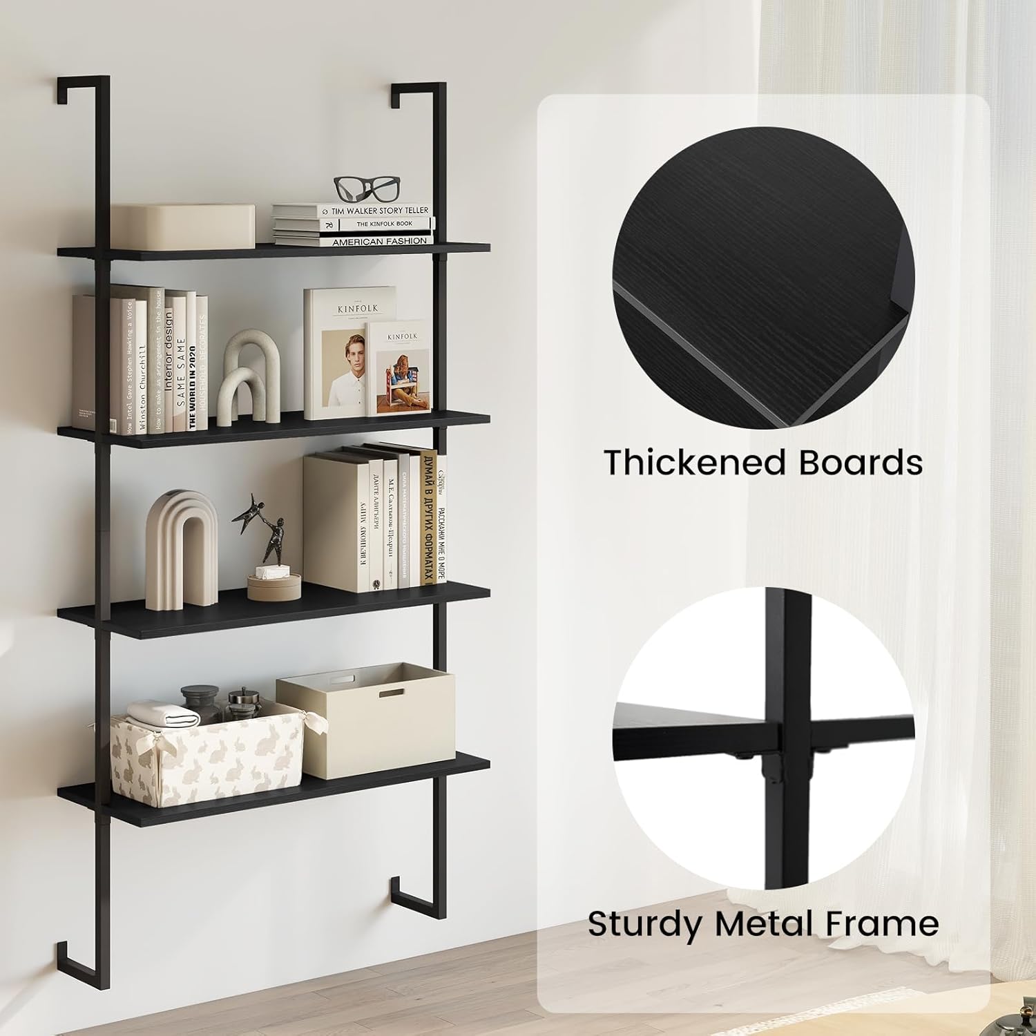 Giantex 4 Tier Modern Wall Mounted Bookshelf, 64" Industrial Wood Bookcase with Metal Frame, Display Storage Rack Organizer, Ladder Shelf Bookcase for Living Room, Kitchen (1, Black)