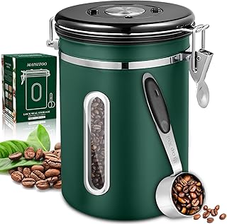 MAISITOO Kaffeedose Luftdicht 1,8L, Kaffeebohnen Behälter aus Edelstahl mit Transparentem Fenster, Datumsanzeige und Portionierer,Vorratsdose für den Aromaschutz Ihres Kaffees,Tee Nüsse Länger