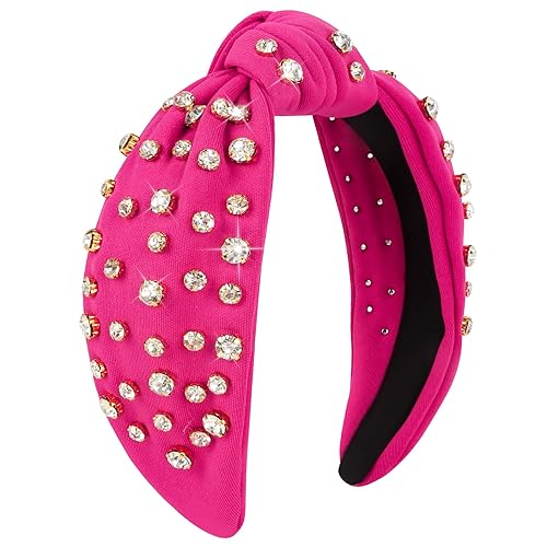 Ondder Diadema de diamantes de imitación brillantes con nudos de color rosa intenso, para mujer, con nudo superior, con cuentas, diadema de moda