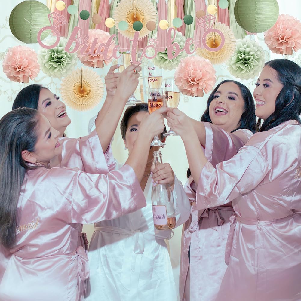 Dusty Pink and Sage Green Bridal Shower Decorations Boho Pastel Bride to Be Sage Green and Blush Pink Bridal Shower Decorations Dusty Rose Bachelorette Party Beige Fans Poms with Cream Tassel Garland - Image 6