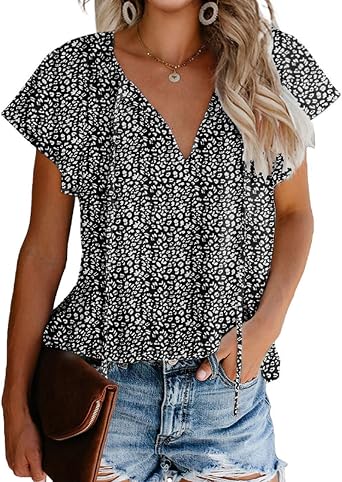 Mansy Womens Casual Floral Print V Neck Ruffle Short Sleeve Summer Shirts Tops Loose Blouses