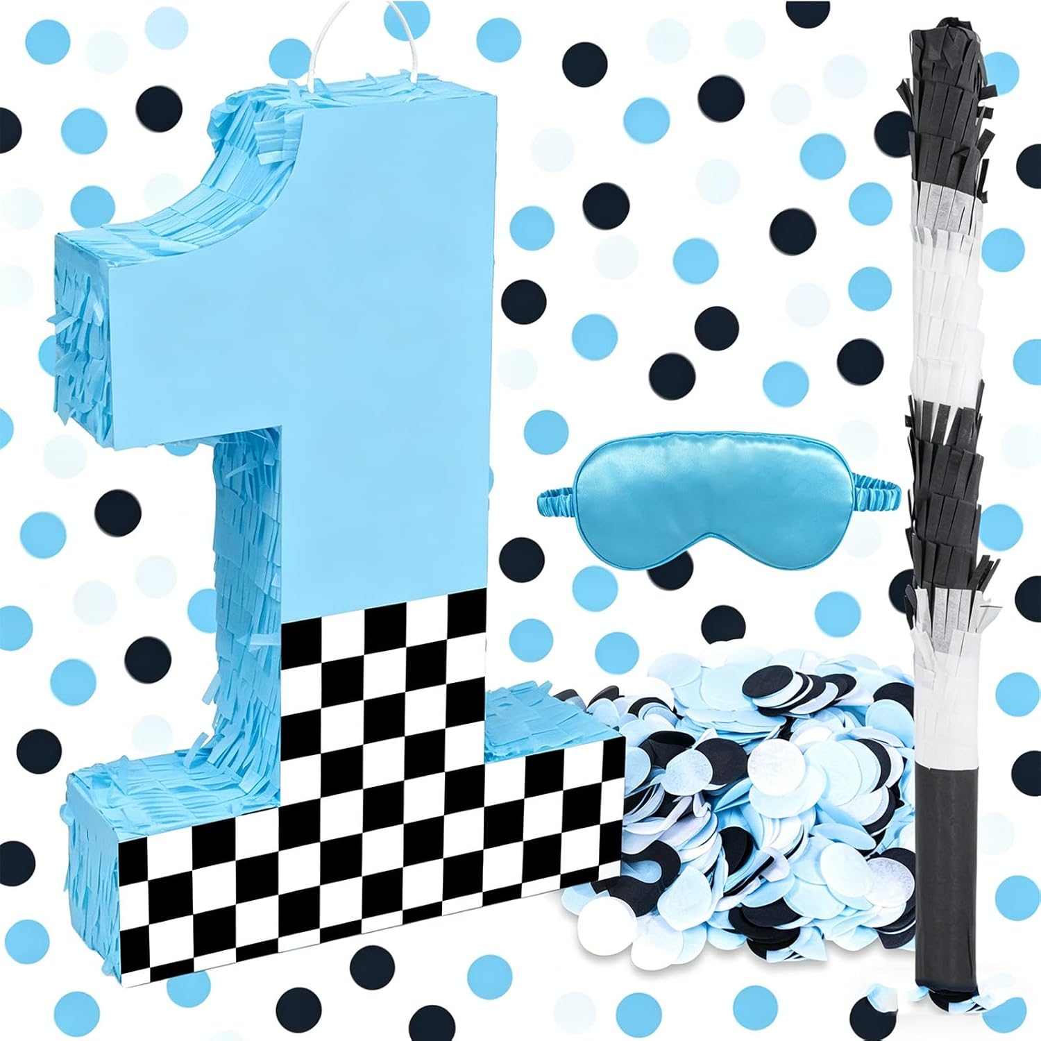 16" Number 1 Racing Car Pinata, Blue Black White Checkered Flag 1st Birthday Decorations, Racing Theme Pinata with Stick Blindfold Confetti for Baby Shower Boys Birthday Party