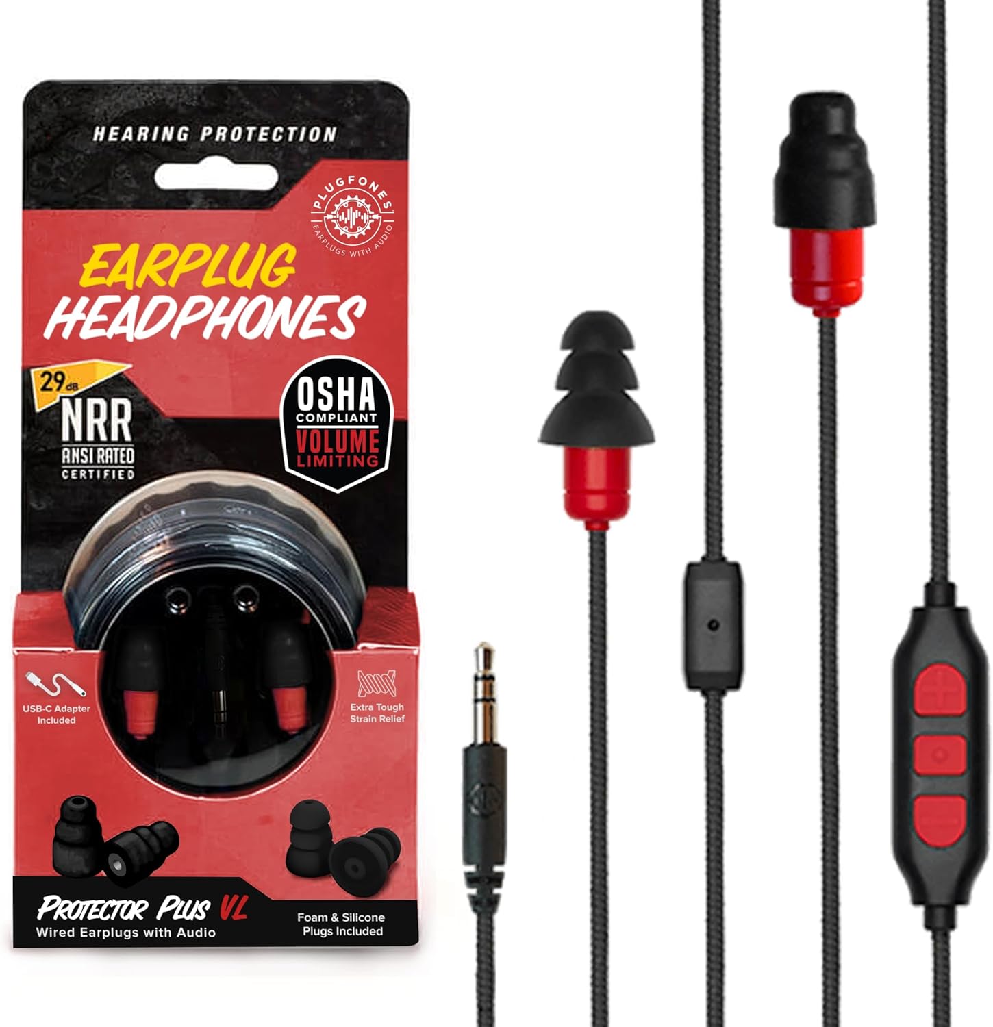 Plugfones Protector Plus Volume Limited in-Ear Earplug Earbuds, Noise Reduction Headphones with Noise Isolating Mic and Controls, Black & Red