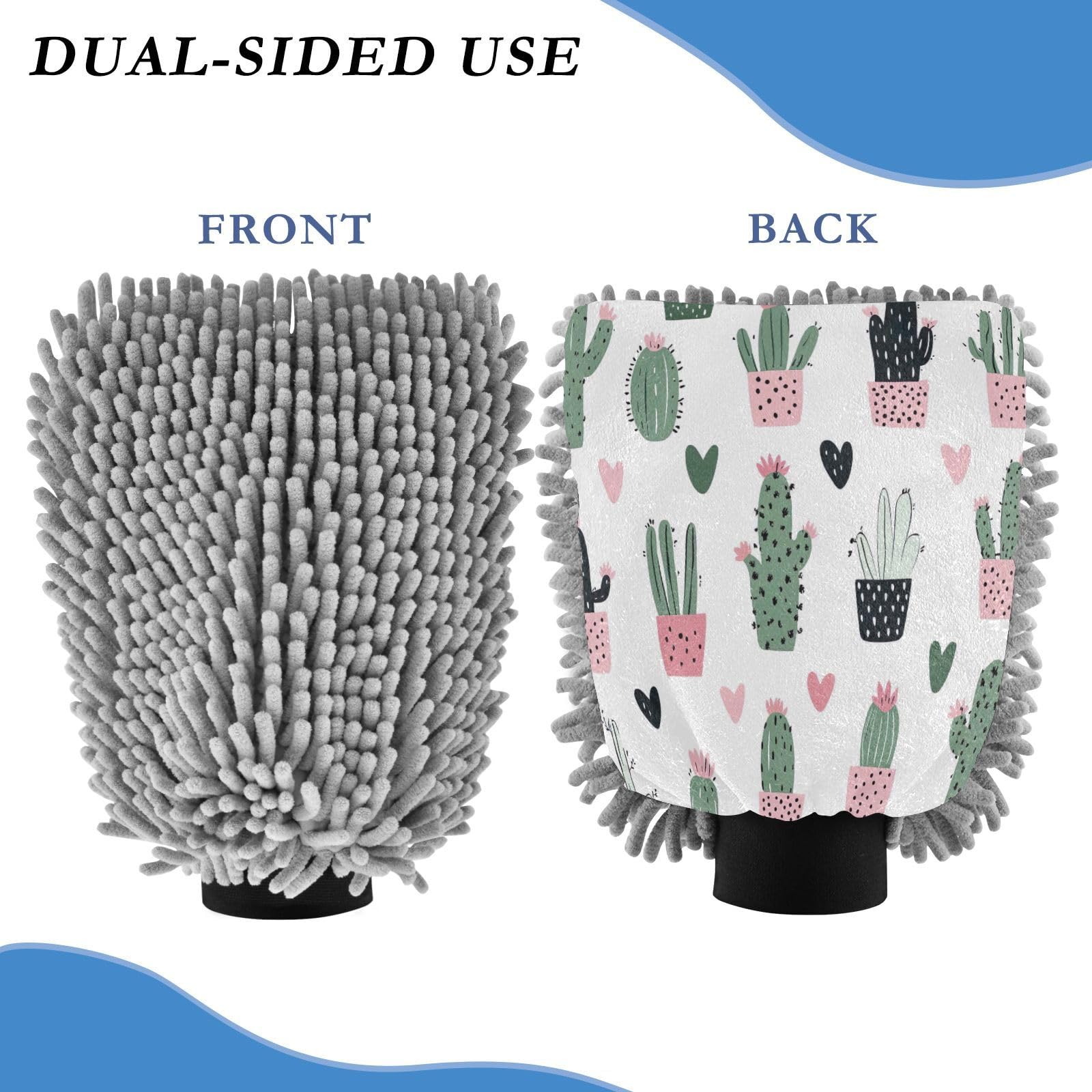 STAYTOP Cute Cartoon Cactus Car Wash Mitt Microfiber, 2Pcs Scratch Free Lint-Free, Premium Chenille Microfiber Mitt Car Wash Brush-M