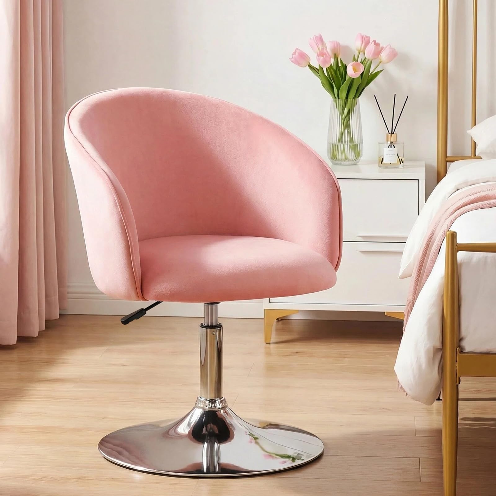 Ckaff Swivel Vanity Chair with Arm, Comfy Chair for Vanity, Modern Swivel Accent Chair, Adjustable Height Makeup Chair with Base for Bedroom, Makeup Room, Study Room, Velvet (Pink)