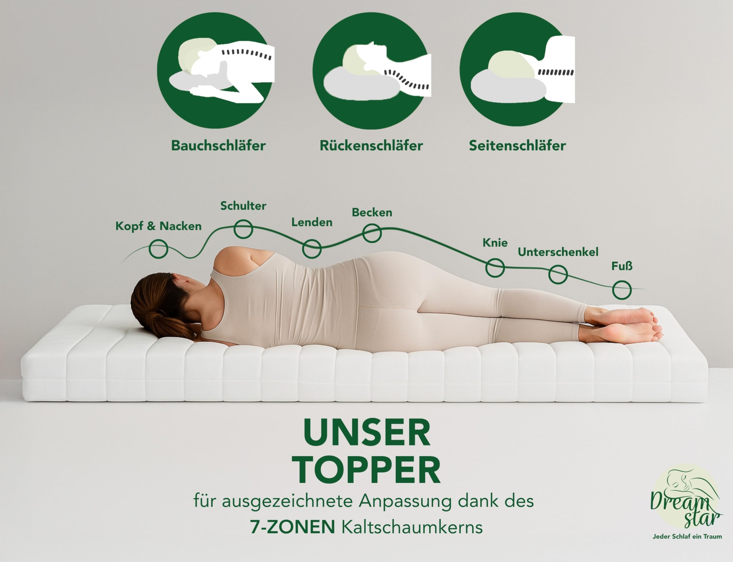 DREAMSTAR Easy Flex | ergonomischer Matratzentopper mit Kaltschaumkern | Matratzenauflage mit Härtegrad 2 und 3 | Öko-TEX® | 10 cm hoch | 90 x 200 cm