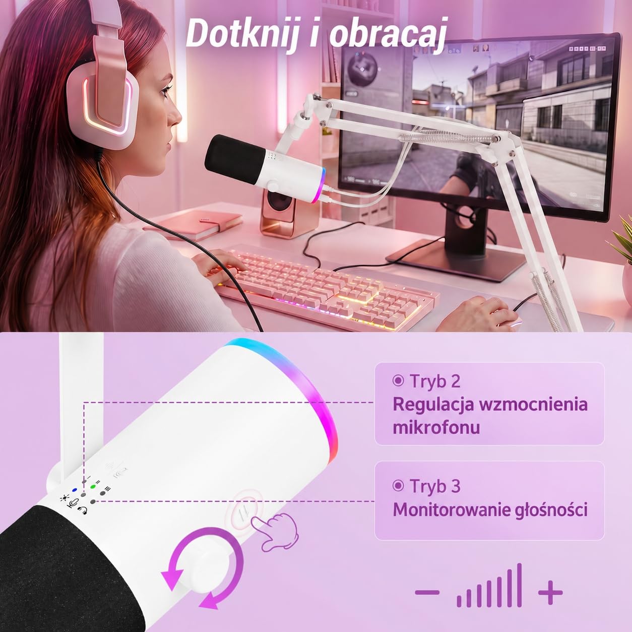 TONOR Dynamiczny mikrofon do gier, mikrofon XLR/USB do strumieniowego przesyłania, redukcja szumów AI, sterowany RGB, wyciszenie, gniazdo słuchawkowe 3,5 mm, mikrofon z ramieniem szubienicowym, biały