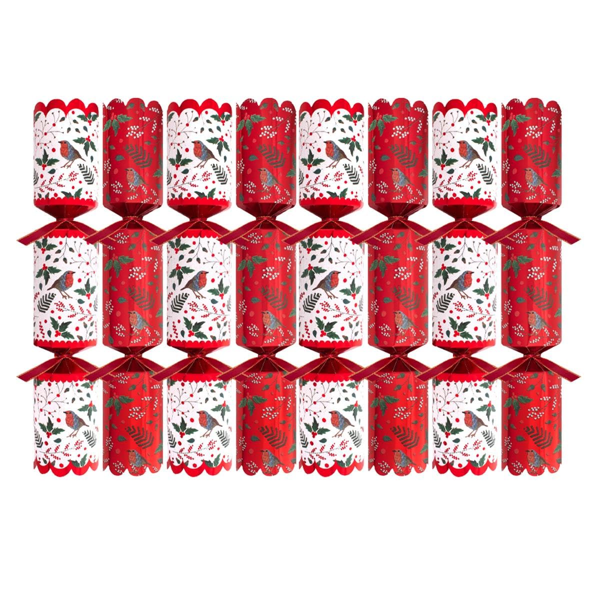Harvey & Mason Pack of 8 Premium White Red Robin Holly Christmas Crackers - 12.5" Metallic Festive Xmas Holiday Dinner Table Decorations - Novelty Fun Prizes Gifts Contains Hats Jokes