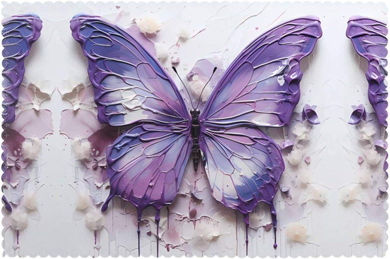 Purple Oil Painting Butterfly Placemats Set of 6, 12x18 Inch Waterproof Oil-Proof Heat Resistant Table Mats - Non-Slip Wipeable Vinyl Place Mats for Kitchen Dining Indoor Outdoor Use