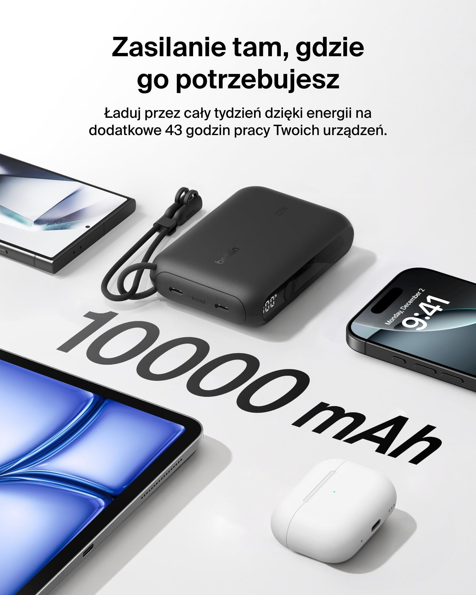 Belkin Power Bank 10000 mAh, Przenośna ładowarka z 2 portami USB-C, cyfrowy wyświetlacz, ładowanie urządzeń iPhone serii 16 i 15, Samsung Galaxy S25, S24, Pixel 9, iPad z mocą 20 W – Czarna