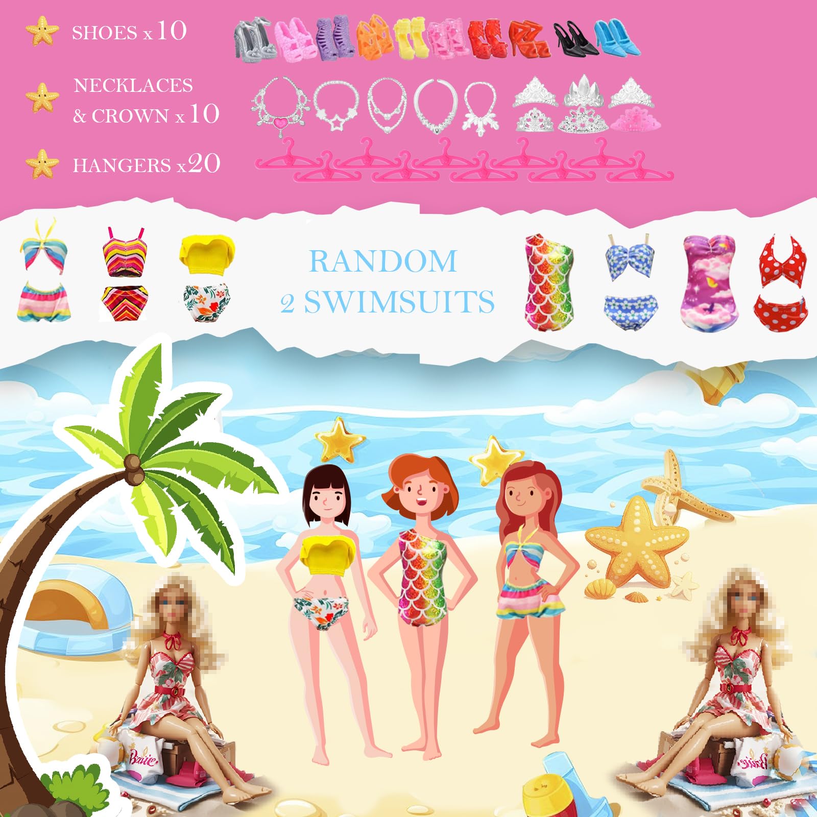 78 pcs Ropa y Accesorios para Muñecas, Incluir Vestidos de Fiesta, Vestidos, Tops y Pantalones, Bikini, Coronas, Collares,Pares de Zapatos,Perchas para 30 CM/11.5 Pulgadas Muñecas, Regalos para Niñas
