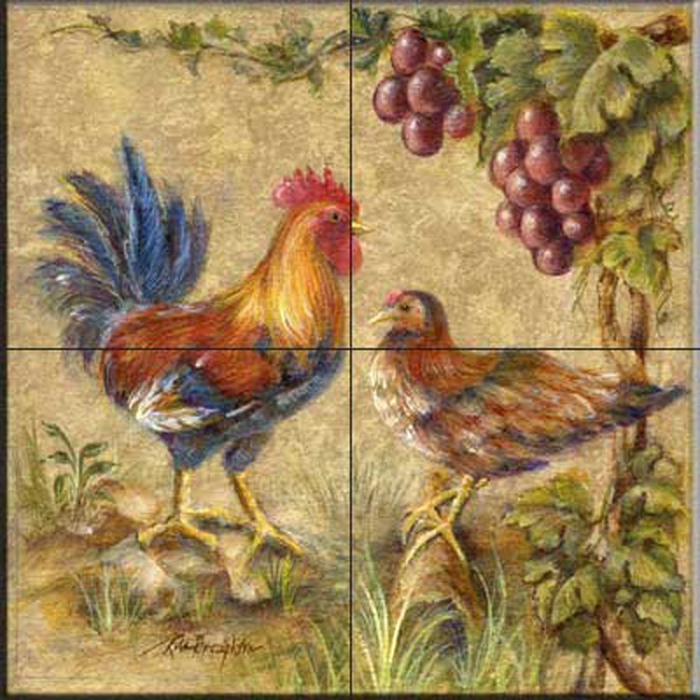 The Tile Mural Store 16 Tile Mural on 6 Tile Ceramic Tile Mural Rooster Duo by Rita