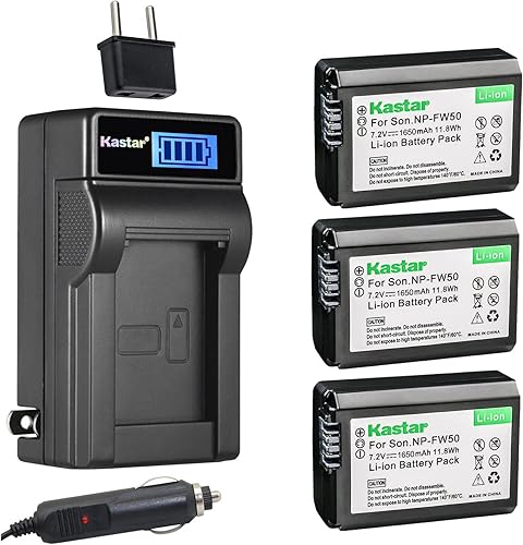 Kastar Paquete de 3 baterías NP-FW50 y cargador de CA LCD compatible con Sony ILCE-5100, Alpha 5100, a5100, ILCE-6000, Alpha 6000, a6000, ILCE-6100,