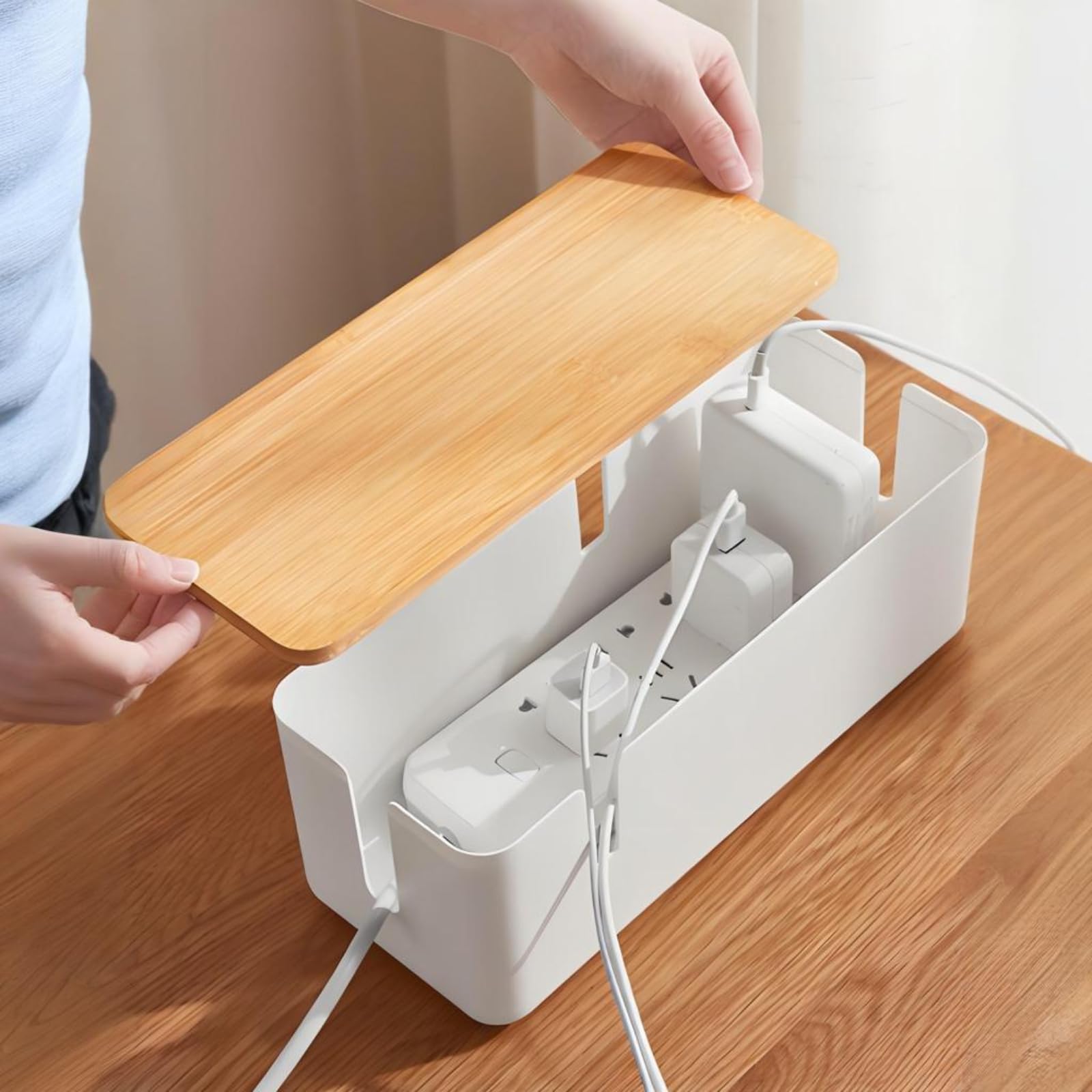 JJQHYC Cable Tidy Box Large Cable Box with Bamboo Lid Cable Management Box White Cable Organiser for Hiding Cables and Plugs - Image 3