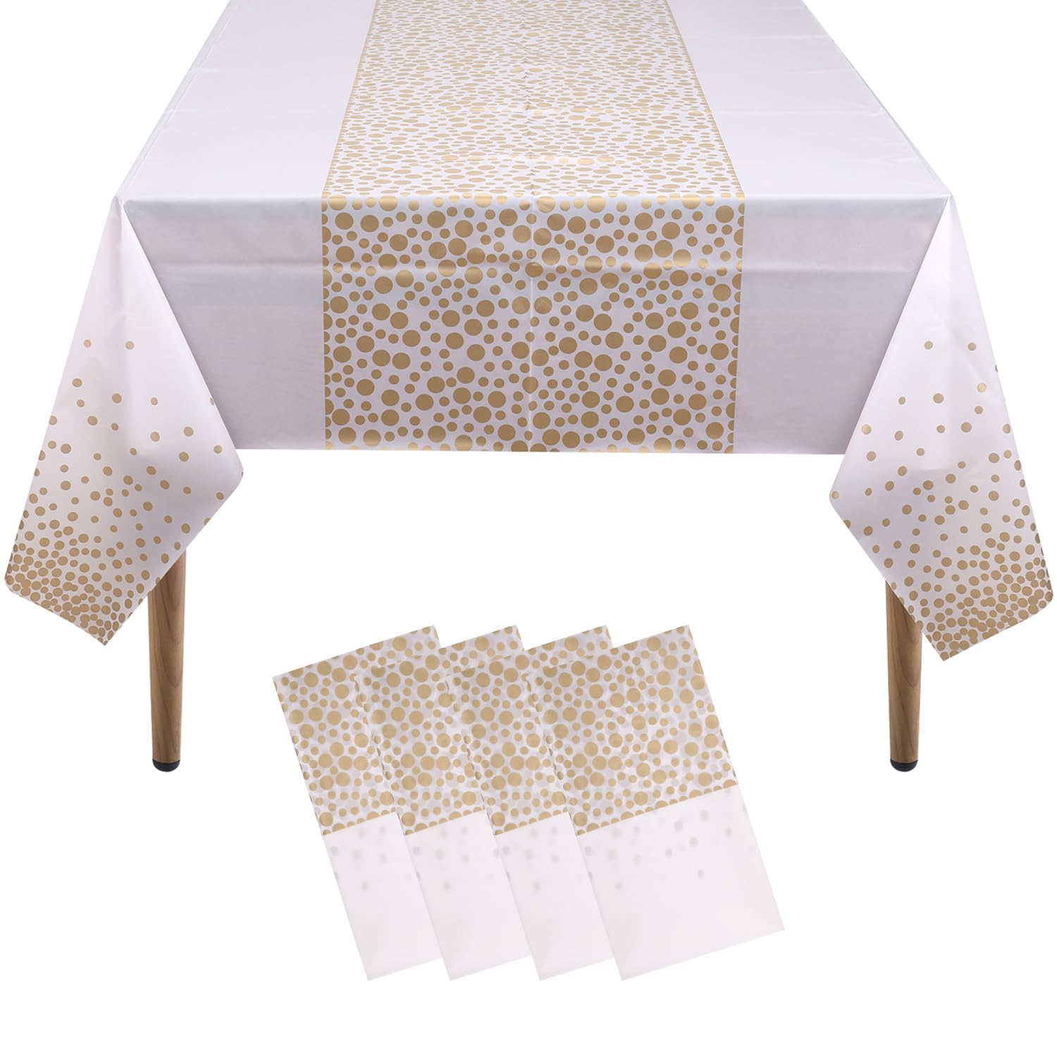 WedDecor 4pcs Disposable Plastic Tablecloths | White With Gold | Wipeable, Waterproof Tablecloths, Party Table Decoration for Indoor Outdoor Party, Picnic, Dinner | 54 x 108 inch(Rectangular)