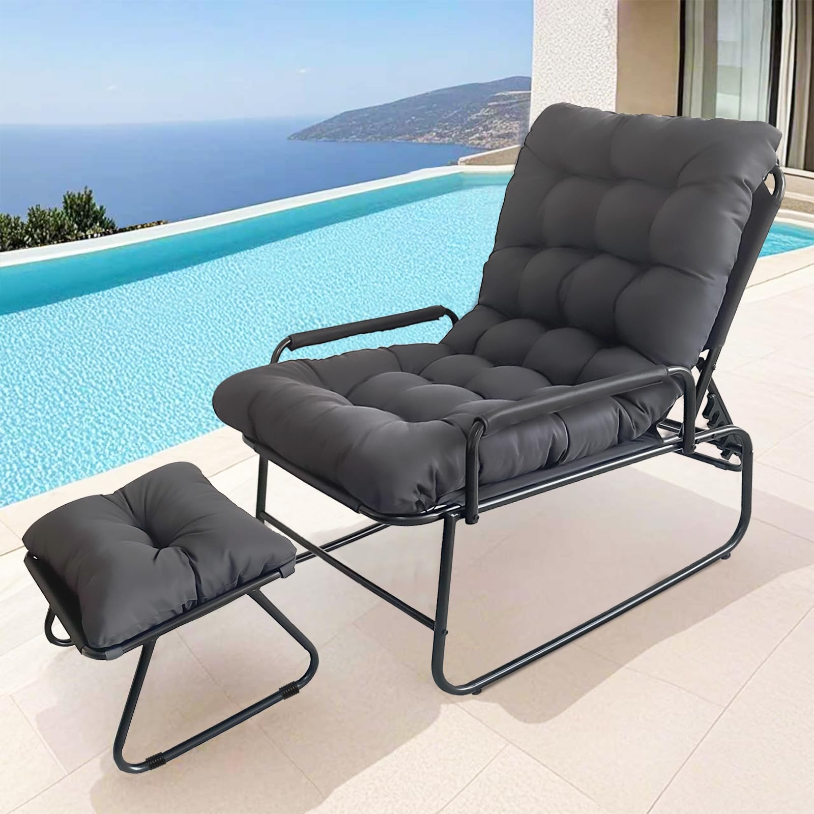 Chaise longue d'extérieur réglable grise avec pouf amovible pour terrasse et balcon
