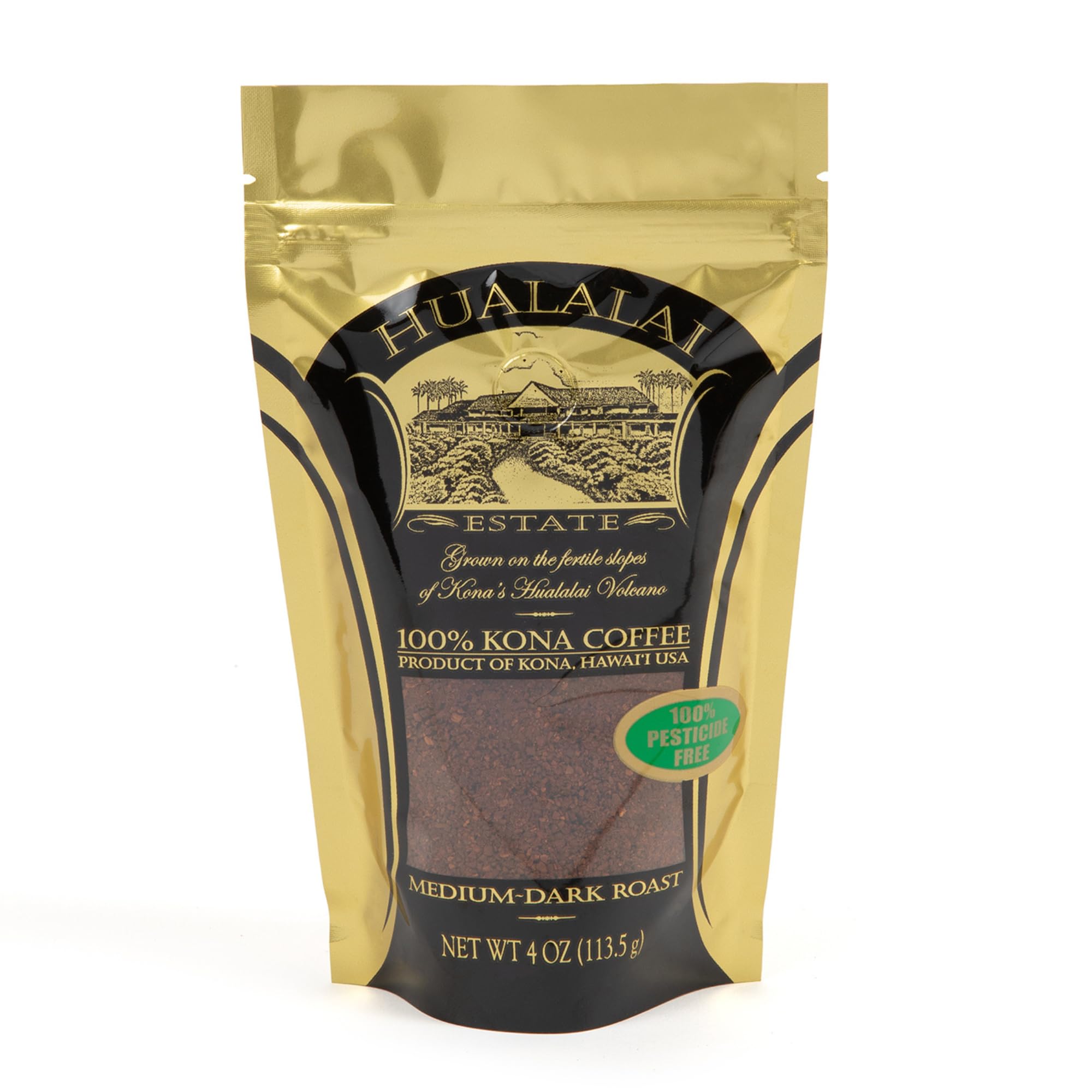 100% Pure Kona Ground Coffee - Medium Dark Roasted Hawaiian Grown Beans - Pesticide-Free Gourmet Grade Premium Coffee (4 oz)