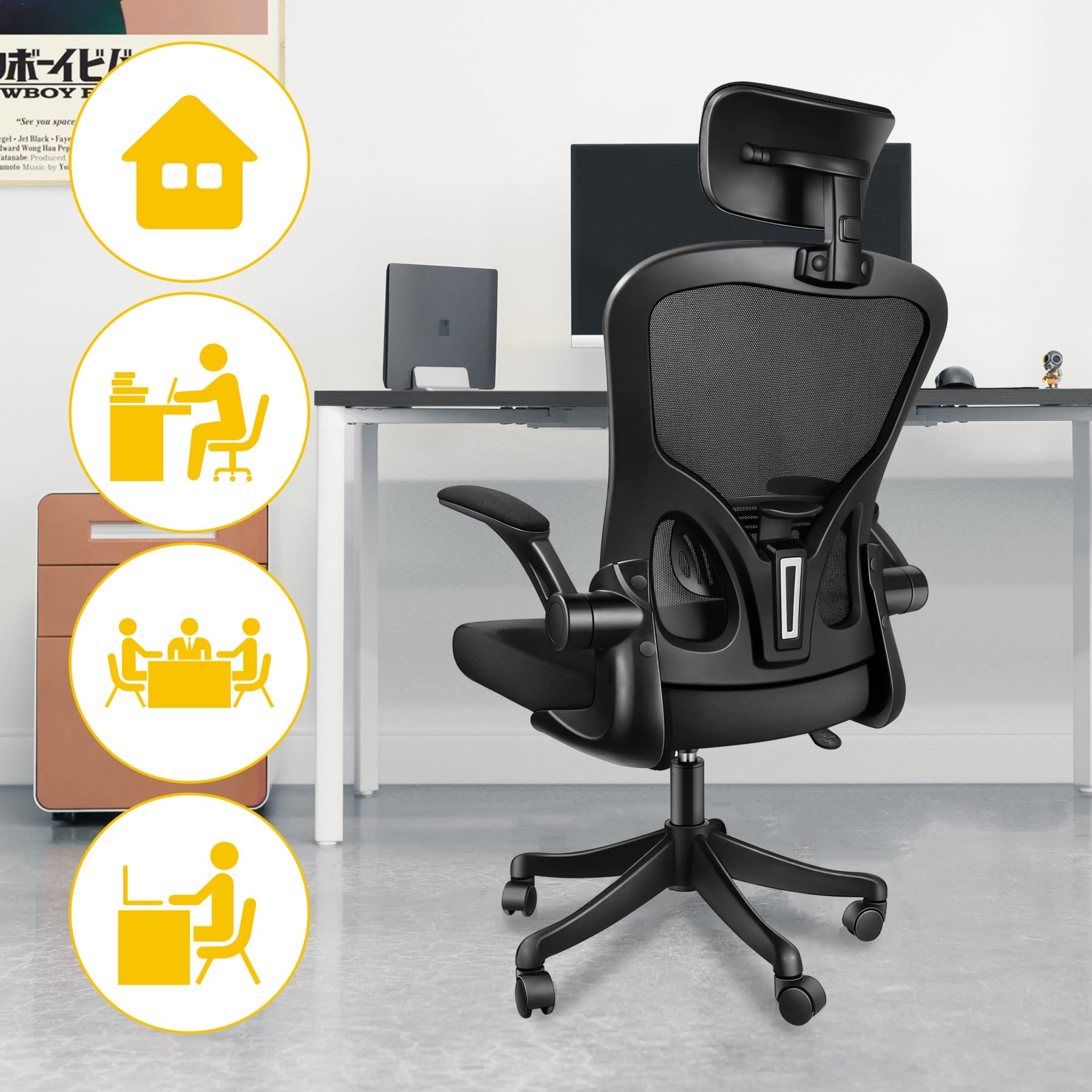 NOXXON Ergonomic Mesh Office Chair for Women Adults,Computer Chair with 90° Flip-up Armrests Adjustable Height Swivel Chair Black