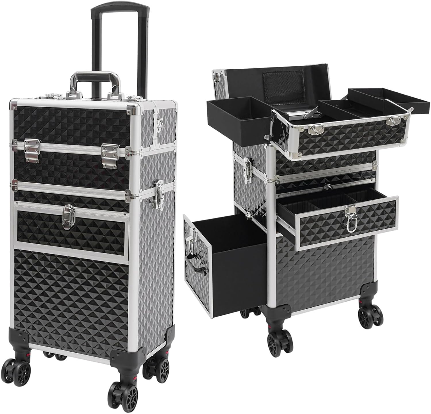 Rolling Makeup Train Case Large Storage Traveling Cart Trunk With Lockable Compartments Adjustable Trolley Handle For Cosmeticians Silver and Black