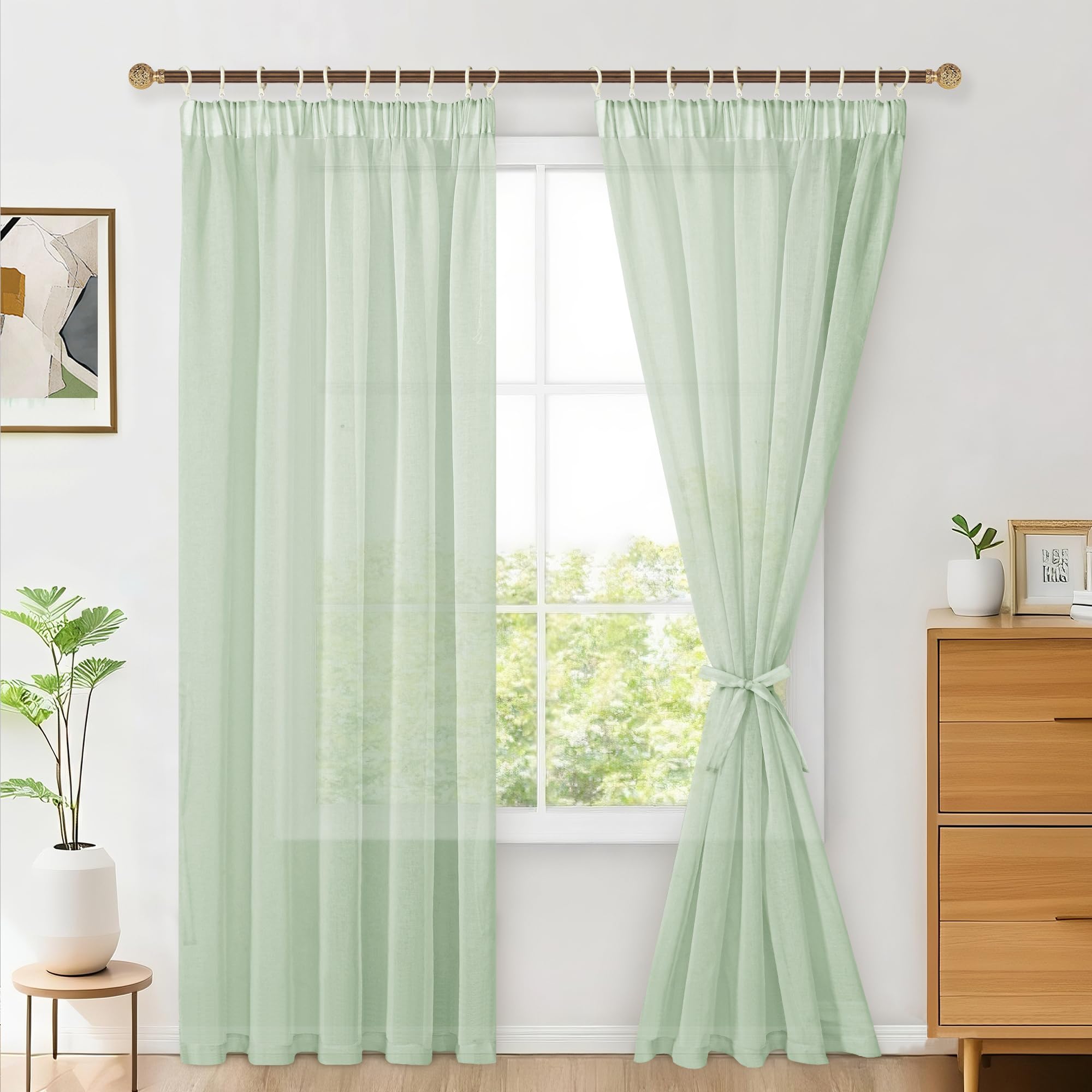Hiasan 2er Set Sheer Voile gardinen vorhänge gardine wohnzimmer mit Kräuselband curtains scheibengardinen Vorhang Transparente Durchsichtig Luftig Dekoschal für Schlafzimmer 245x140cm(HxB) Salbei Grün