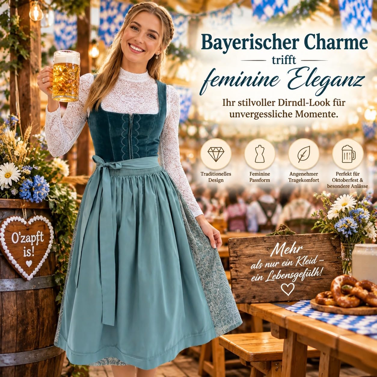 Generisch Dirndl Damen – Trachtenkleid für Oktoberfest mit Schürze, Wiesn Outfit,ohne Bluse