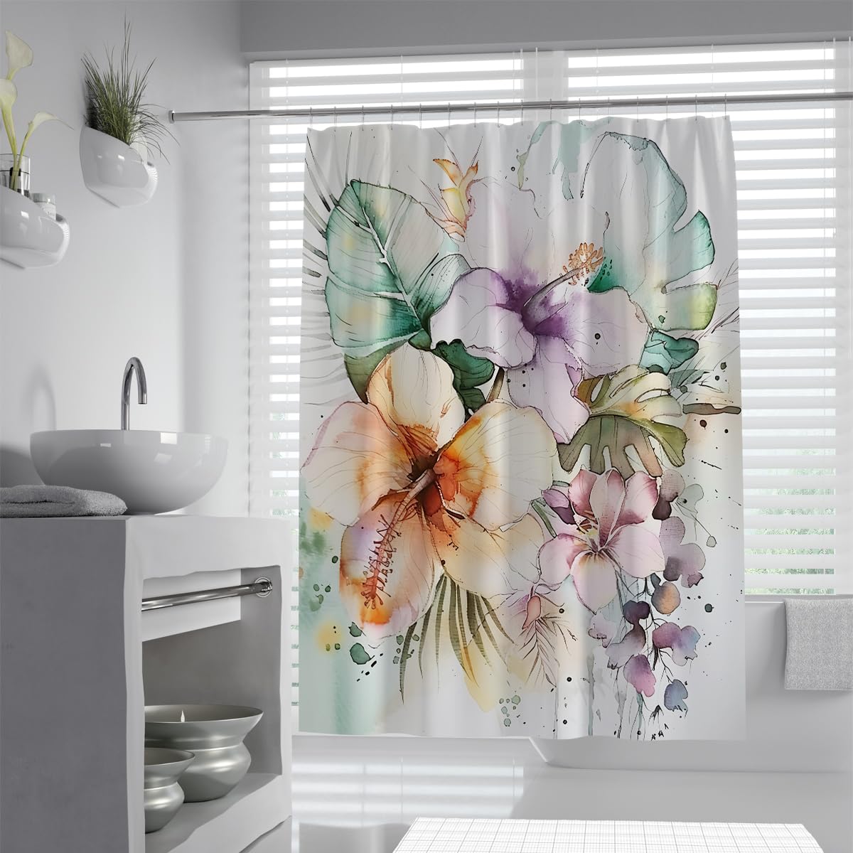 UIRINGART Tropical Botanical Shower Curtain W200xL220cm Watercolor Floral Water Resistant Mildew Proof Quick Dry Bathroom Shower Divider with Hooks