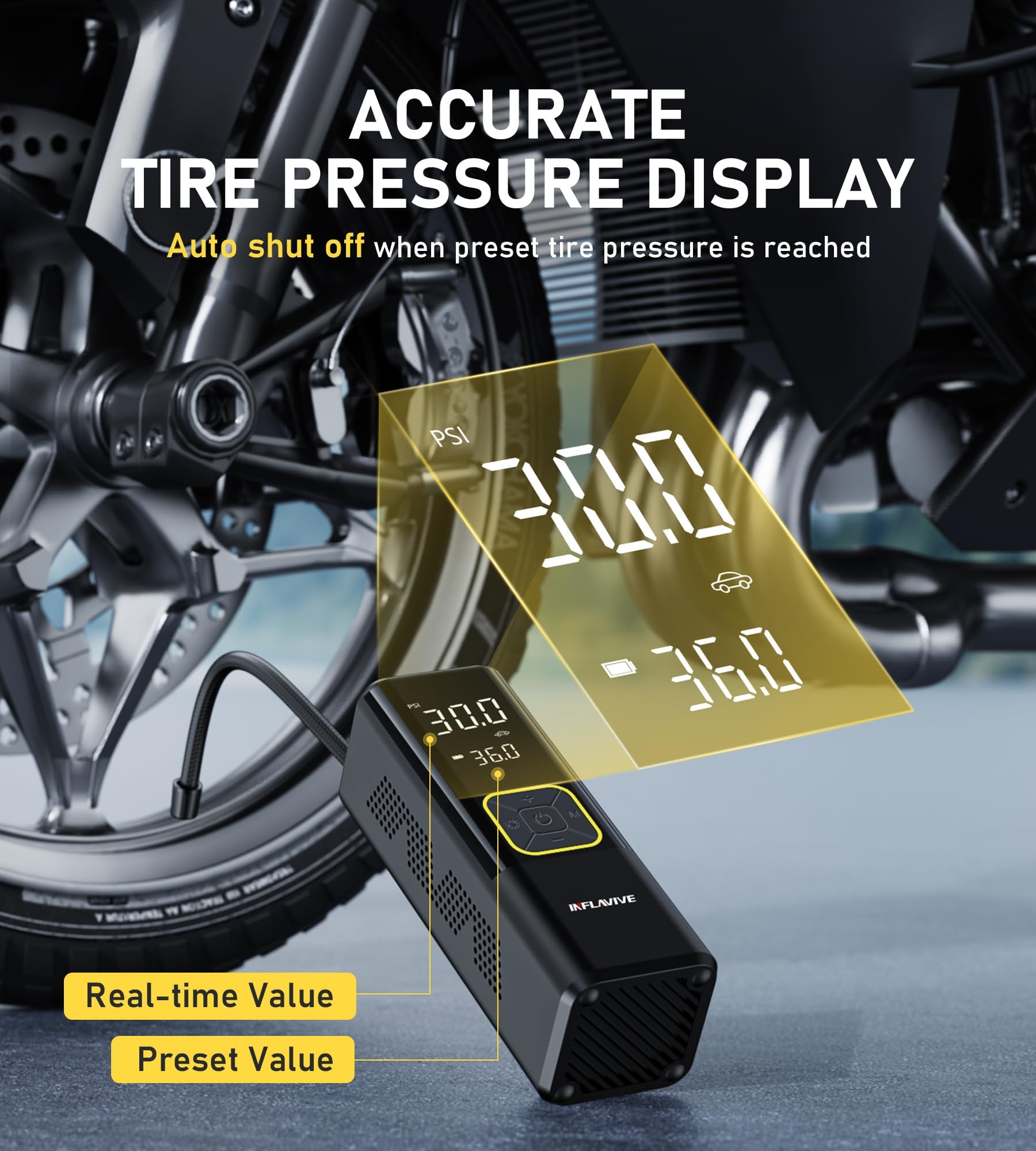 Tire Inflator Portable Air Compressor, 150 PSI Cordless Air Pump for Car Tires with Digital Pressure Gauge, 3X Faster Tire Pump for Cars, Motorcycle, Bicycle, Balls with LED Light, Auto Shut-Off