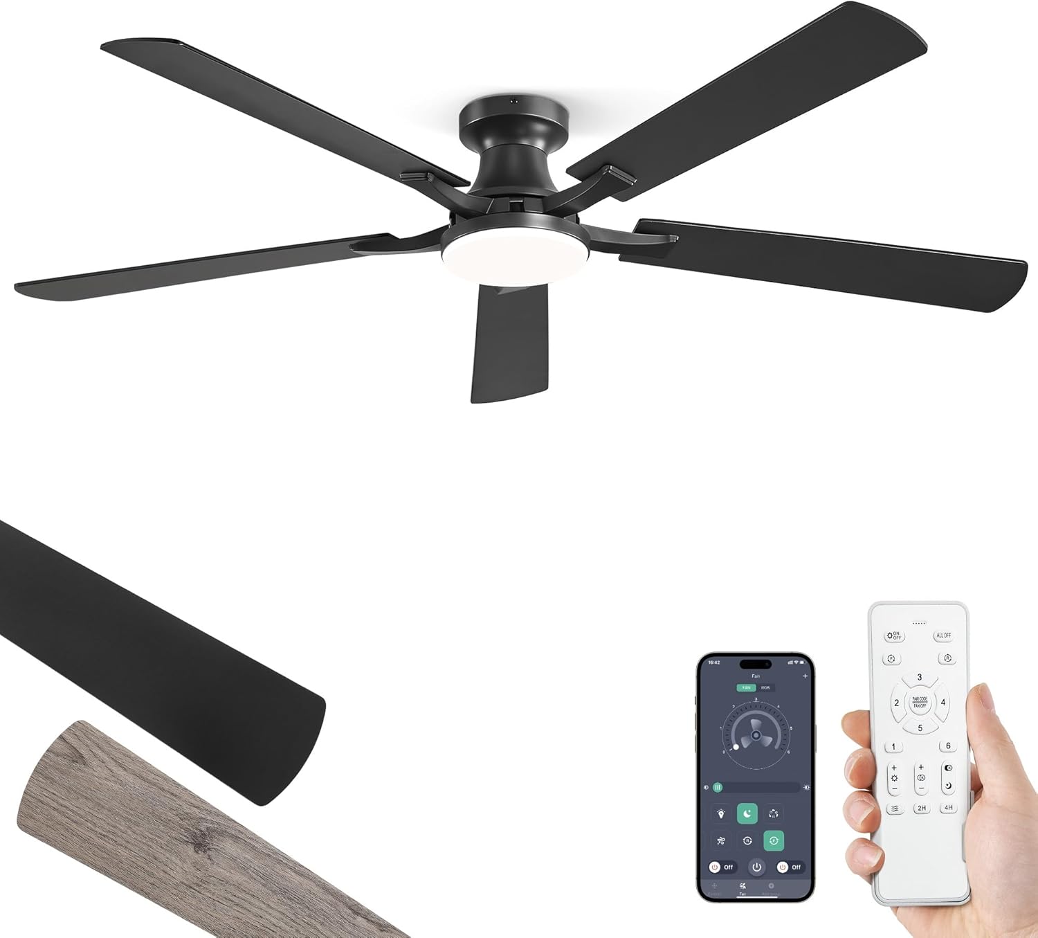 ZMISHIBO 60 Inch Ceiling Fan with Light, App&Remote Control, Flush Mount Low Profile, Dimmable 20W LED Light, Quiet Reversible Motor for Bedroom, Living Room, Apartment, Black 60 Inch Black