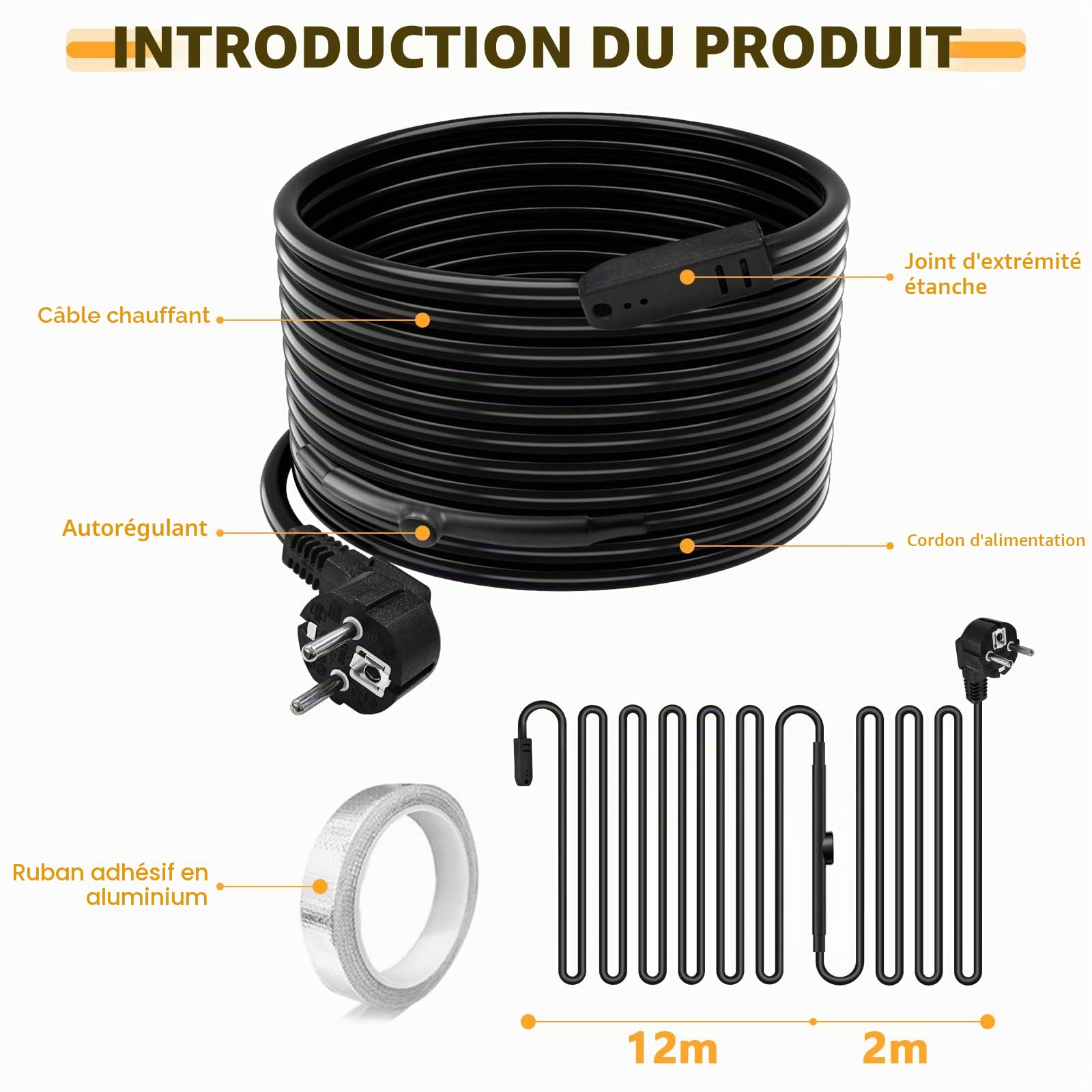 Câble Chauffant Antigel Auto-Régulant 25W/M 12M avec Thermostat pour Canalisations