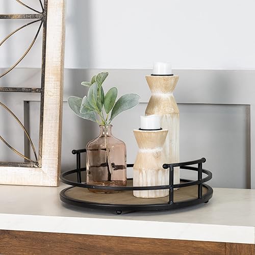 Miniatura 2 de Stratton Home Decor Bandeja redonda de metal y madera | Bandeja de mesa de centro de madera para superficies de mesa vacías | Bandeja redonda