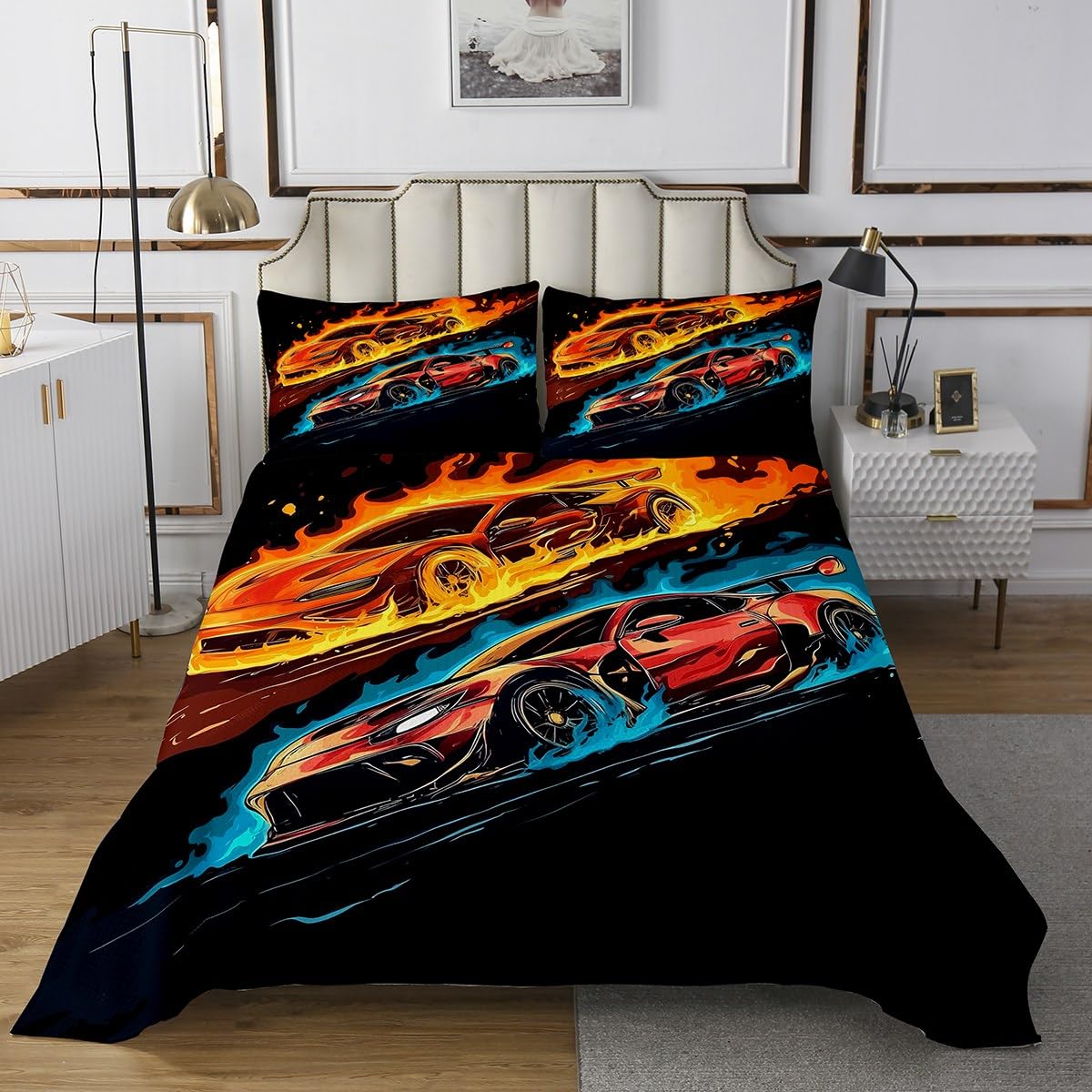 Homewish Cartoon Cars Bedspread Set Queen Size for Kids,Boys Girls Speed Racing Theme Quilt Set Race Car Coverlet Burning Fire Bedspread 3 Piece Decorative Bedding Quilted with 2 Pillow Shams