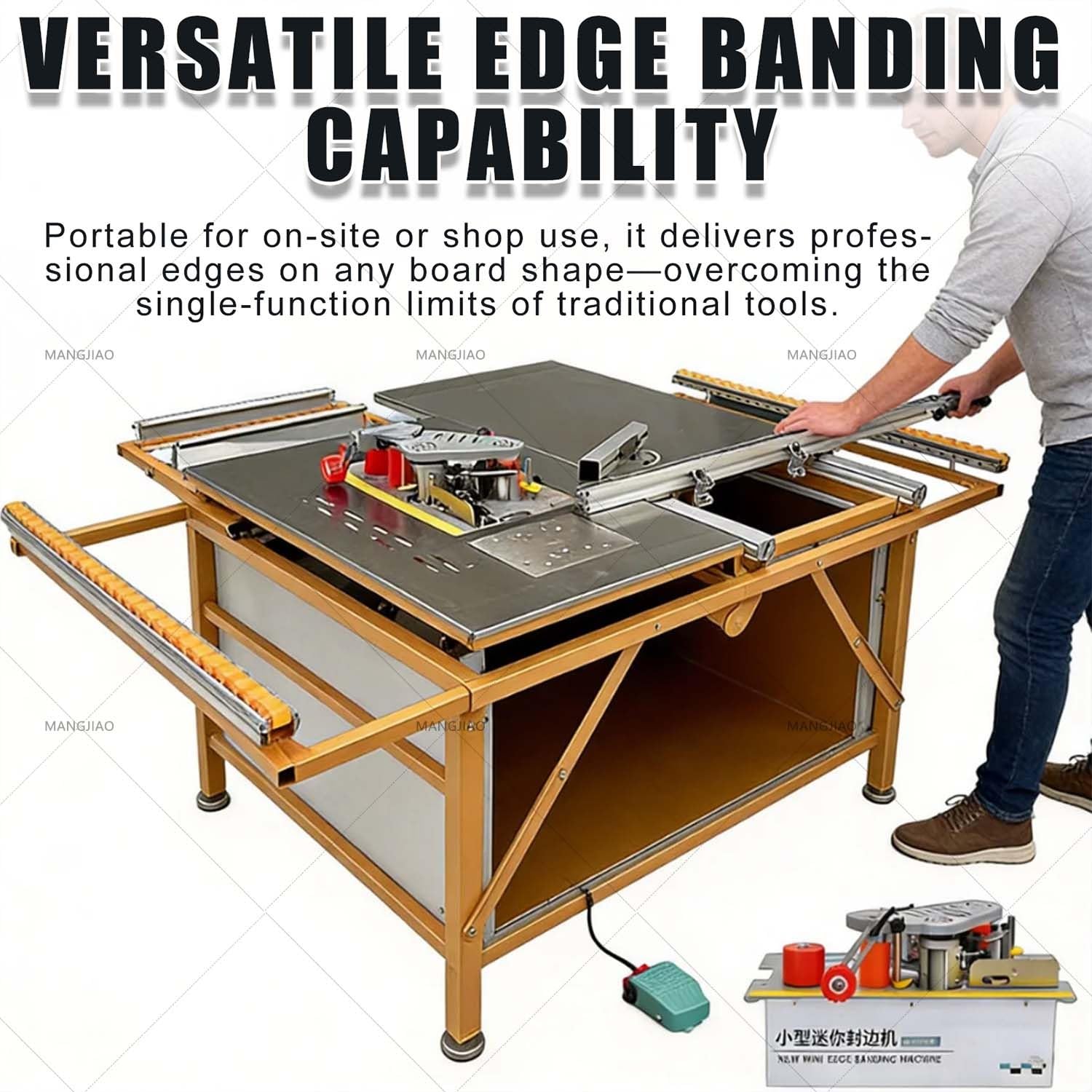 Edge Bander, máquina de velocidad ajustable con función de rotura automática de cinta y pegado de doble cara para bordes sin burbujas en varios materiales de tabla
