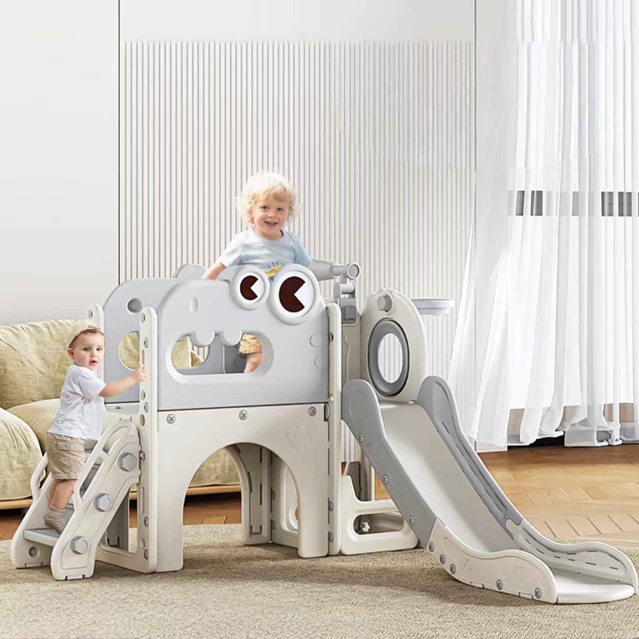 Aerlife 8 in1 Kids Slide Set with Dinosaur Bus-Themed, Toddler Slide Playset Includes Toy Telescope, Tunnel, Storage, Basketball Hoop & Ball, Extra Long Slides for Kids Indoor Outdoor Playground Toy - Grey