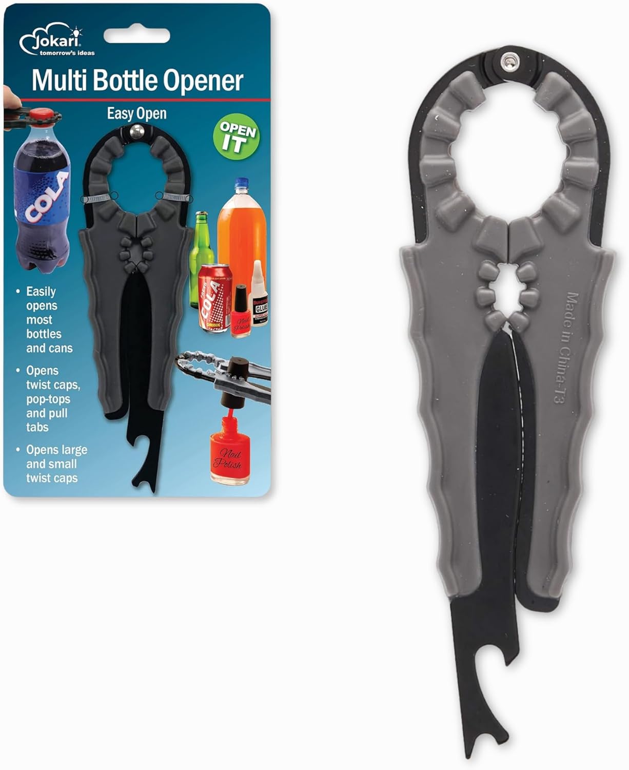 Jokari 3-in-1 Multi Opener: Easy Grip Jar, Bottle & Can Opener for Arthritis, Weak Hands - Black Kitchen Tool