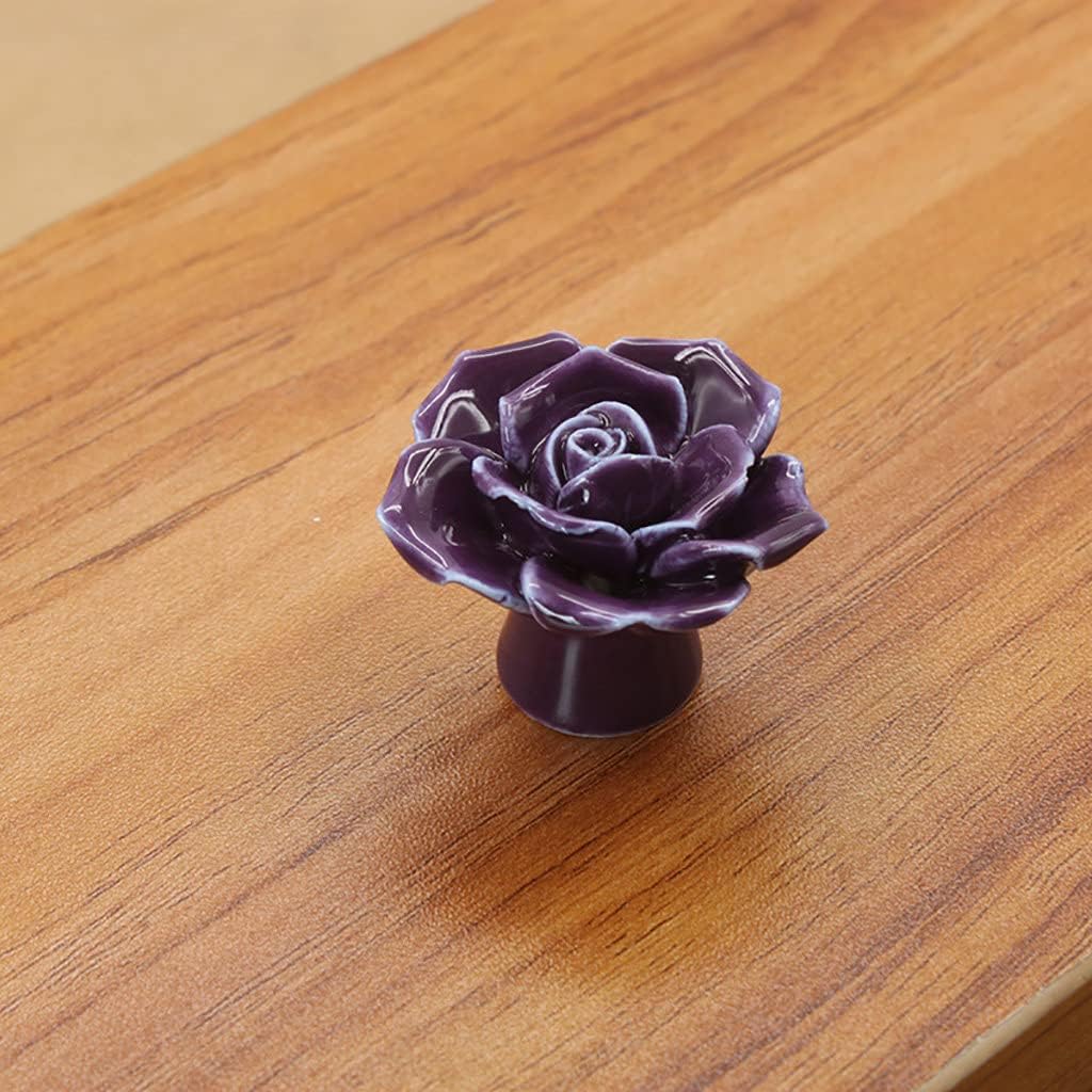 Ceramic Elegant Rose Flower Cabinet Knobs, 6Pcs Purple Vintage Kitchen Rose Flower Drawer Knobs Pull Handles for Girl's Room Dresser Cupboard Wardrobe with 3 Size Screws (6 Pack, Purple)
