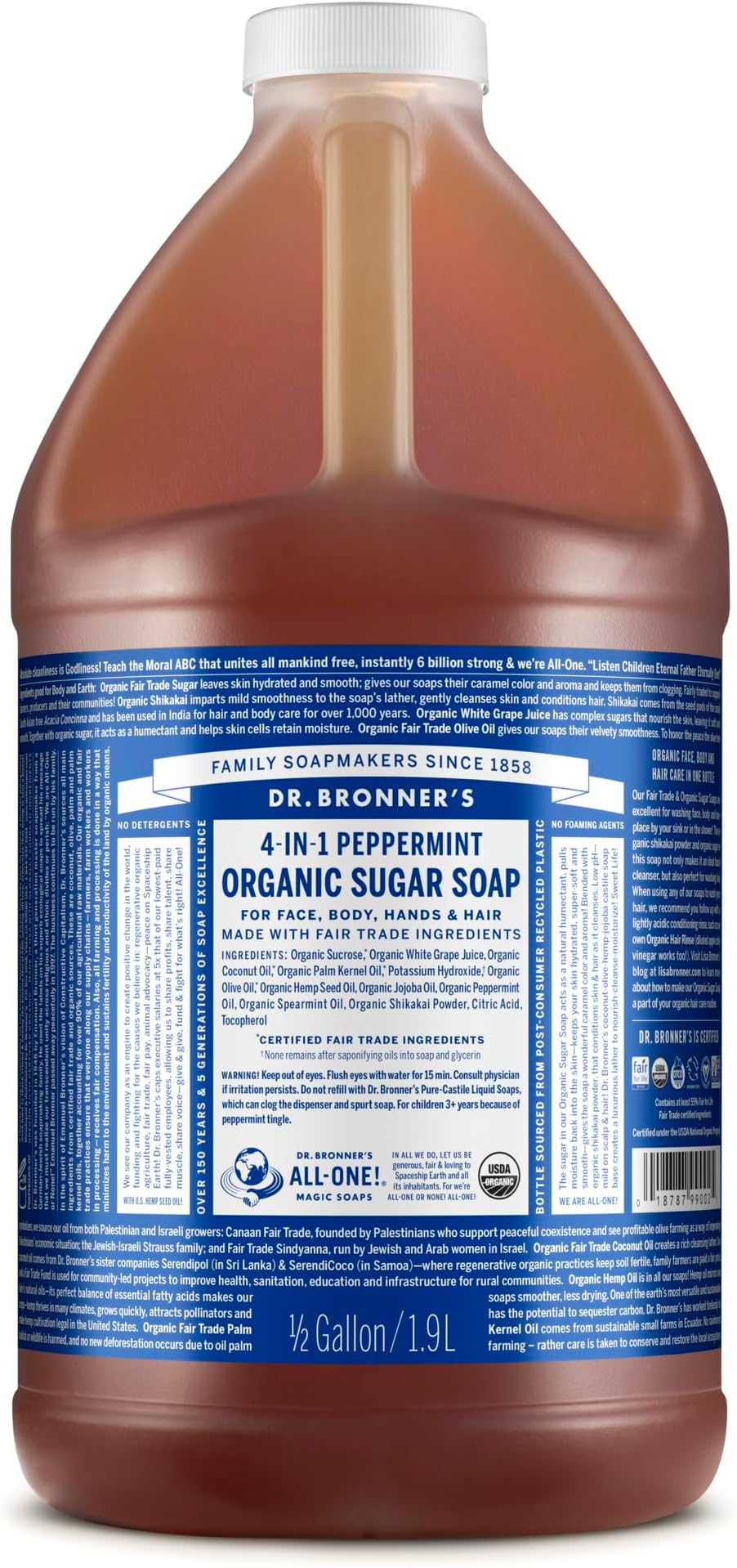 Organic Sugar Soap (Peppermint, 64 Ounce)- Made with Organic Oils, Sugar & Shikakai Powder, 4-in-1 Uses: Hand and Body Wash, Face, Hair- Cleanses, Moisturizes, Nourishes, Vegan