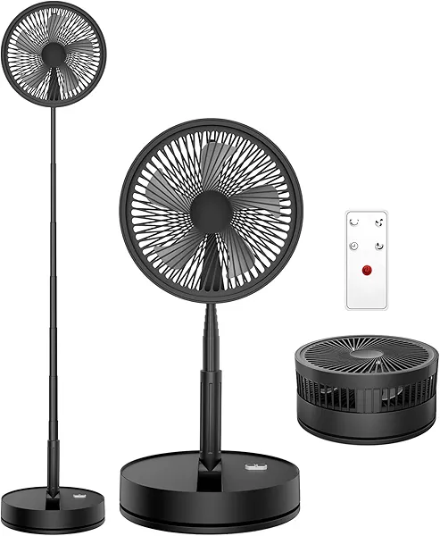 LIPETY Portable Oscillating Travel Fan with Remote - 7200mAh Rechargeable Battery Folding Standing Pedestal Fan Foldable Stand Up Tall Floor Sleeping Bed Fans for Home Bedroom (9 inch Black)