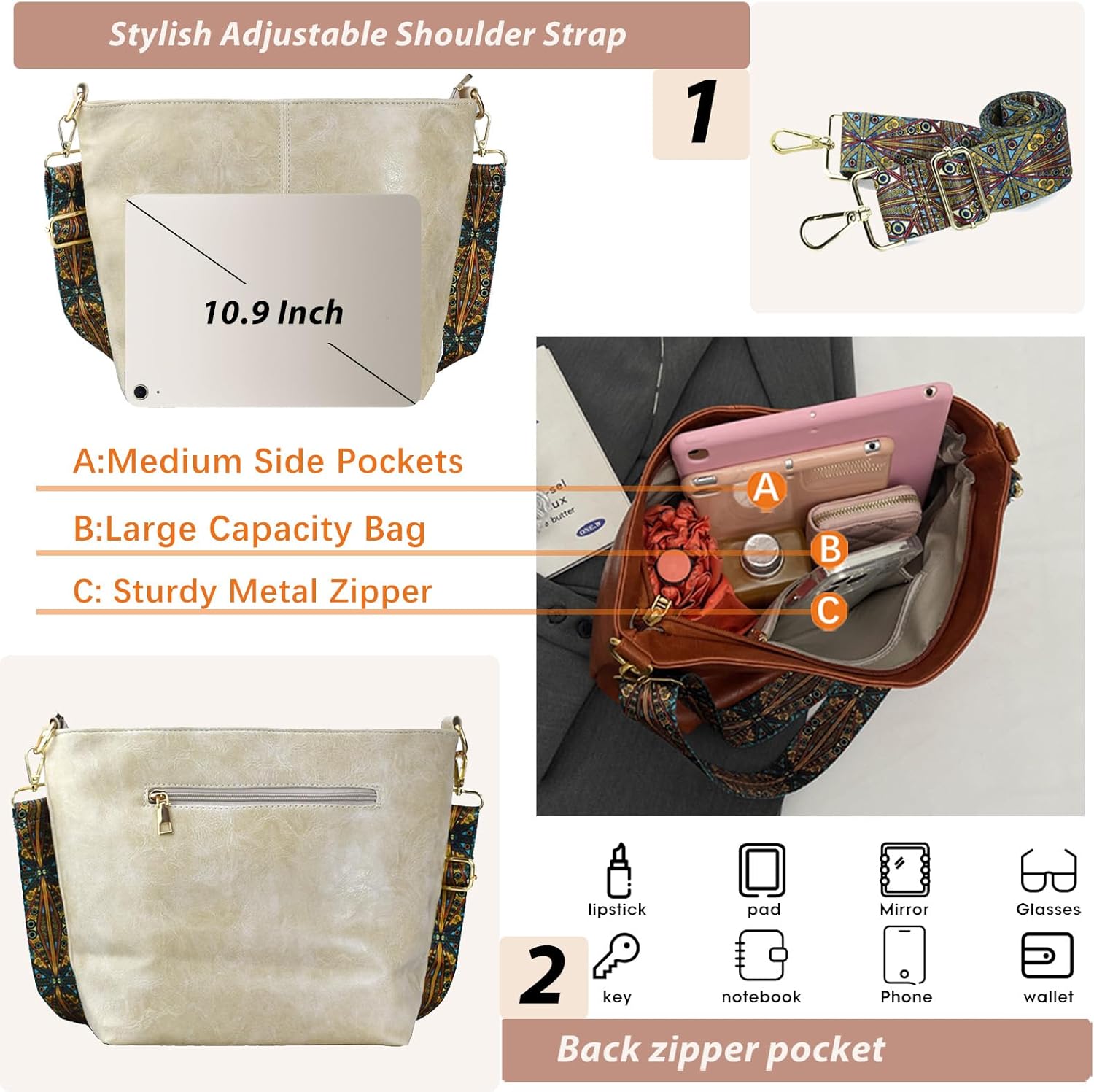 Hobo Bags Vegan Leather Crossbody Bag Guitar Strap Shoulder Purses with Zipper Handbags for Women - Image 3