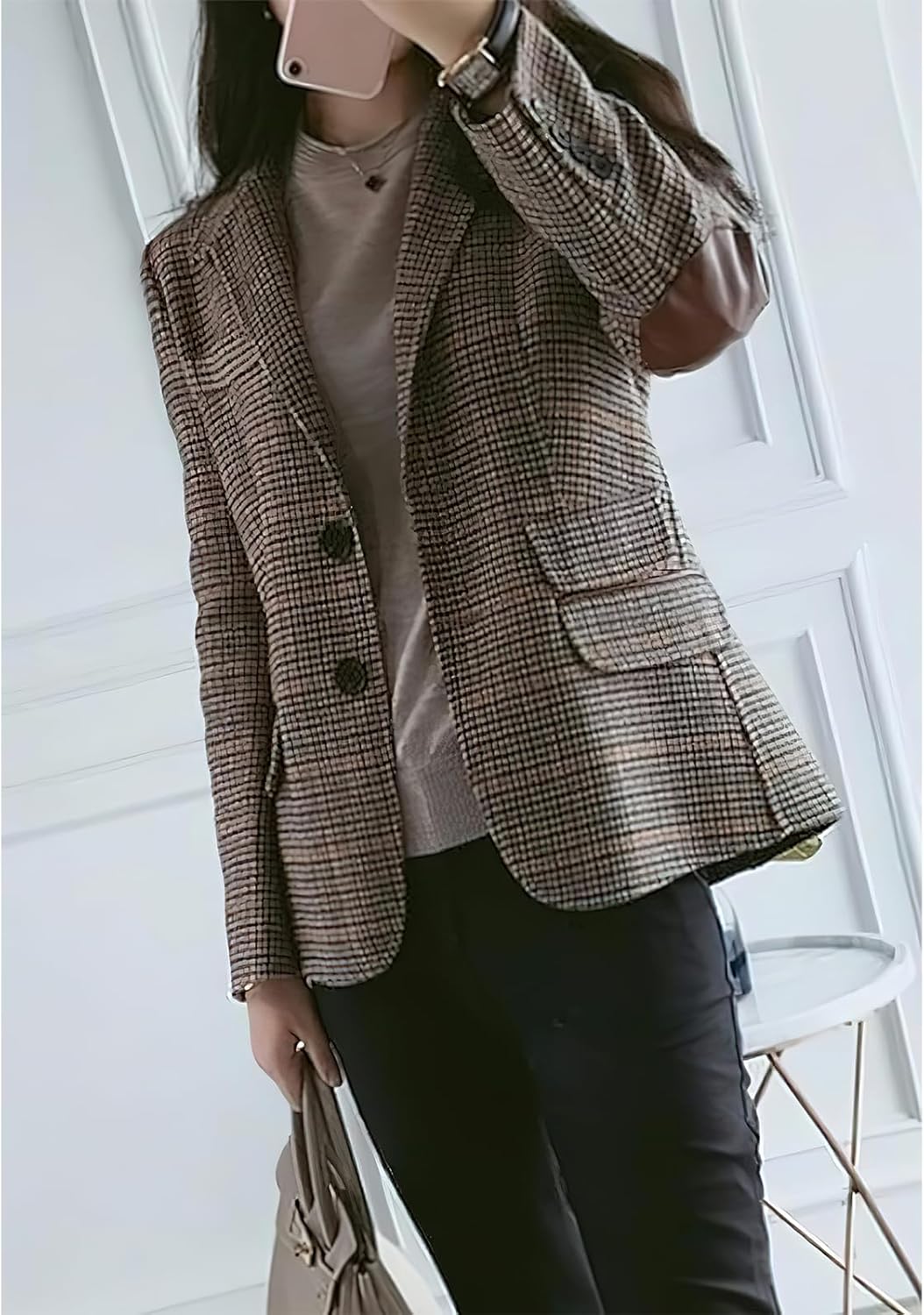 Women's Fashion Notched Lapel Wool Plaid Blazer Slim Long Sleeve Jacket with Elbow Patch - Image 2