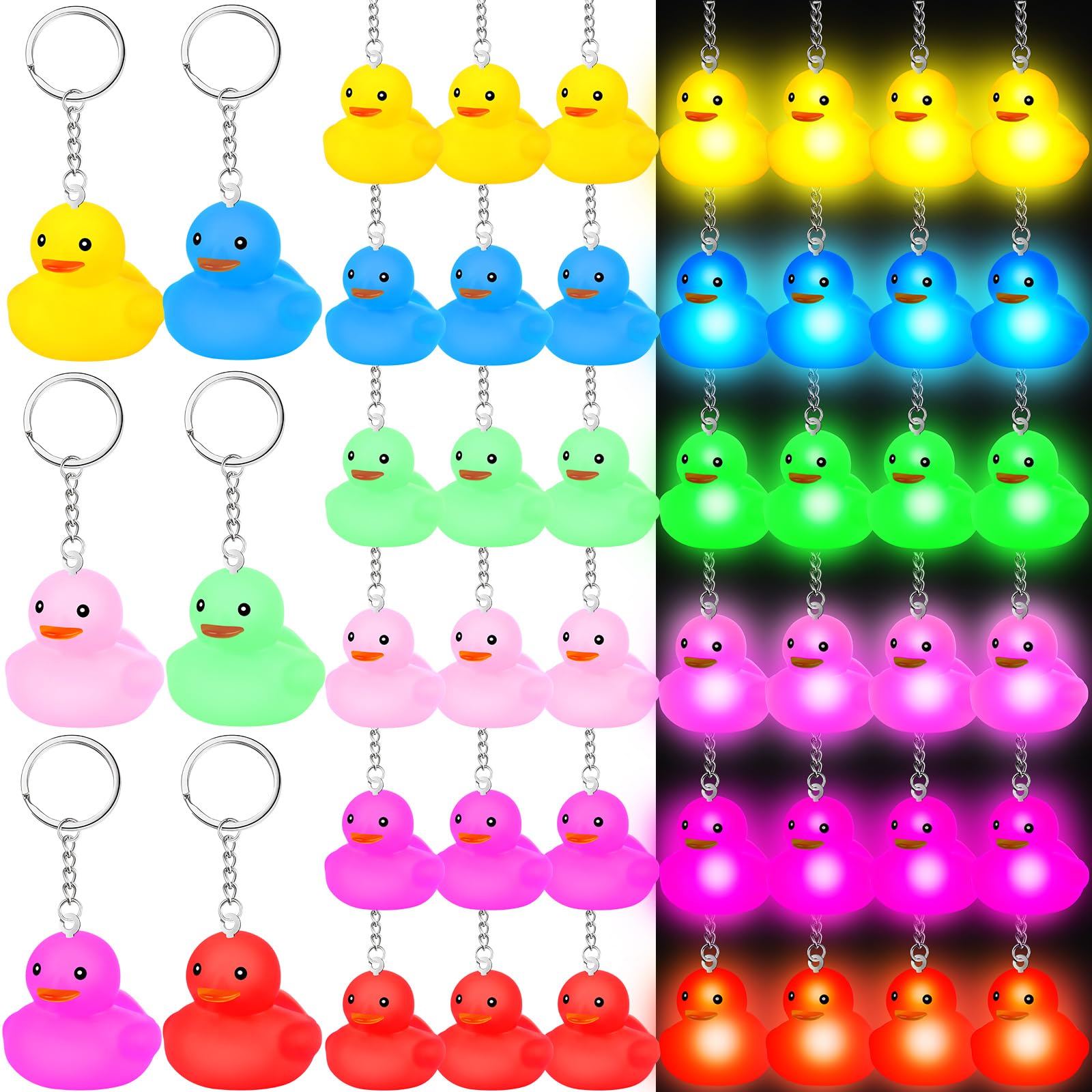 Deekin 48 Pieces LED Light up Rubber Duck Keychain, Glow in The Dark Cruise Duck Keychain Bulk, 3D Tiny Key Chains for Carnival, Birthday Party,