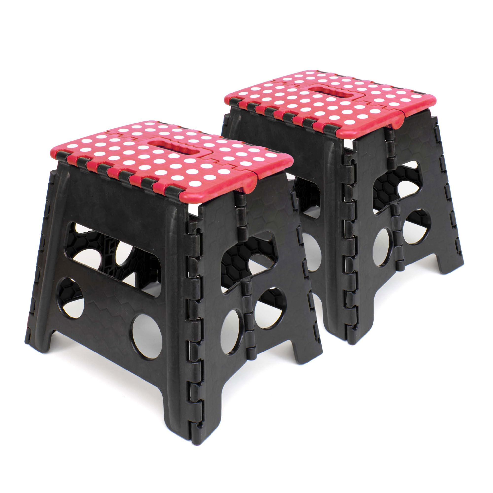 The Secret Home - Pack de 2 Taburetes Plegables Multiusos - Escalera Antideslizante de PVC - Altillo para Cocina, Baño o Dormitorio (Rojo/Negro, 29x22x39)