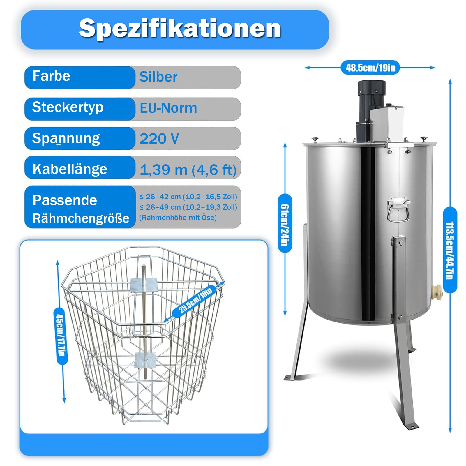 Elektrische Honigschleuder mit 4 Waben – 140W Edelstahl Honiggewinnung mit Geschwindigkeitsregelung und Transparentem Acryl-Deckel