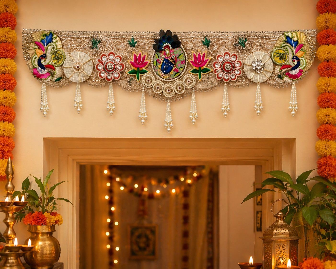 ANISHOP Handcrafted Shrinathji Devotional Door Toran | Luxury Heavy Gold Zardozi Entrance Bandarwal with Embroidered Lotus, & Peacock Accents for Home, Mandir, Diwali, & Janmashtami Decor-picture-11