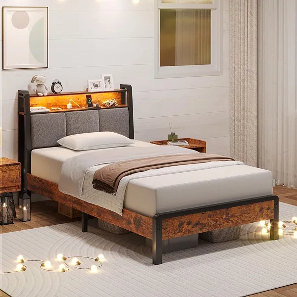 Novilla Twin Bed Frames for Kids with Charging Station and LED Lights, Upholstered Headboard with Storage Shelves, Heavy Duty Metal Slats, No Box Spring Needed, Easy Assembly