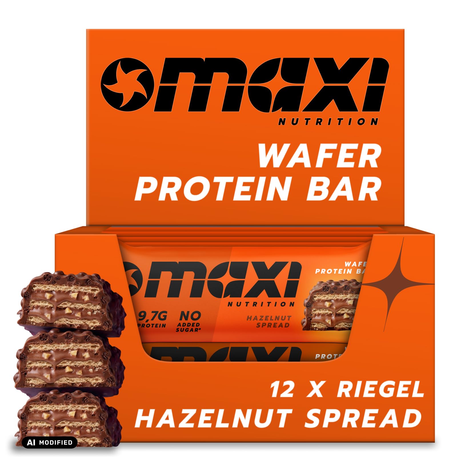 MaxiNutrition Hazelnut Spread Protein Waffle Bar, 25% Eiweiß, 202 kcal, (12 Eiweißriegel x 39g), Ohne Zuckerzusatz