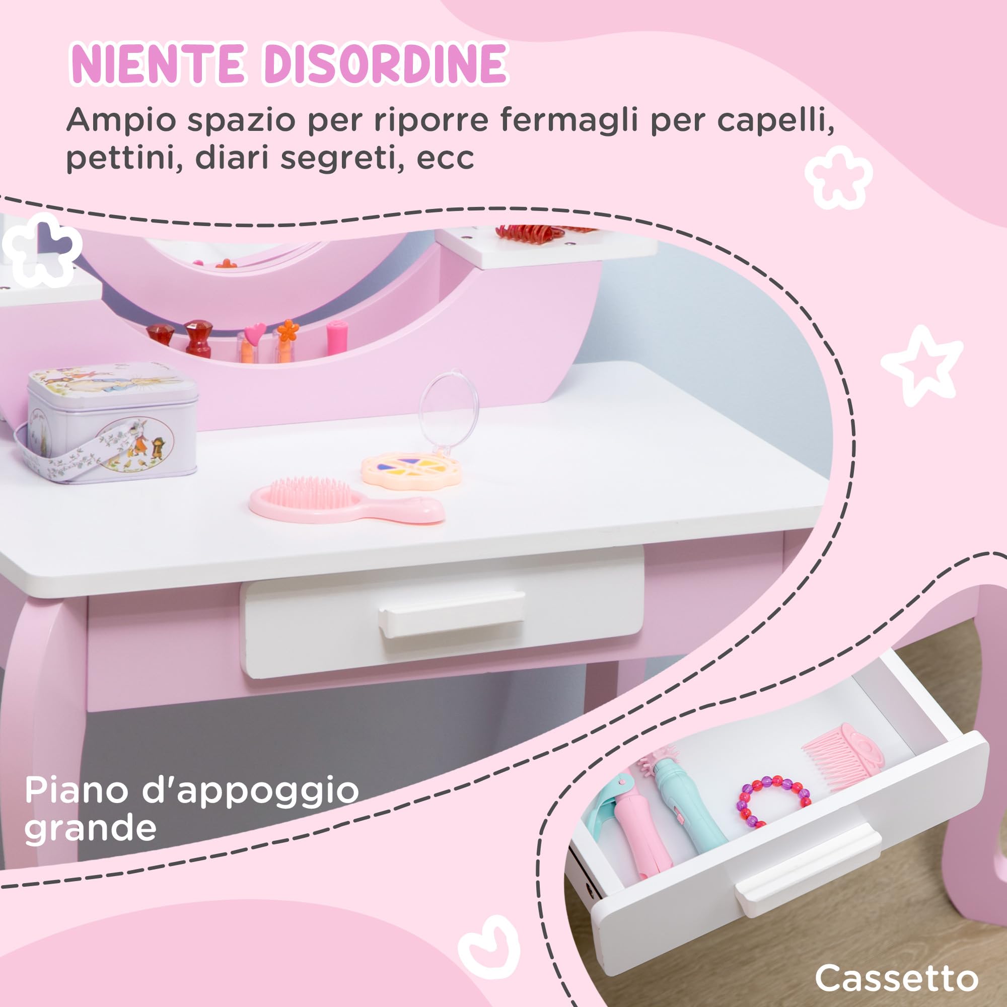 ZONEKIZ Set Toeletta Trucco per Bambini, Tavolino da Trucco con Specchi e Sgabello per Bambini, Età 3-6 Anni, Rosa